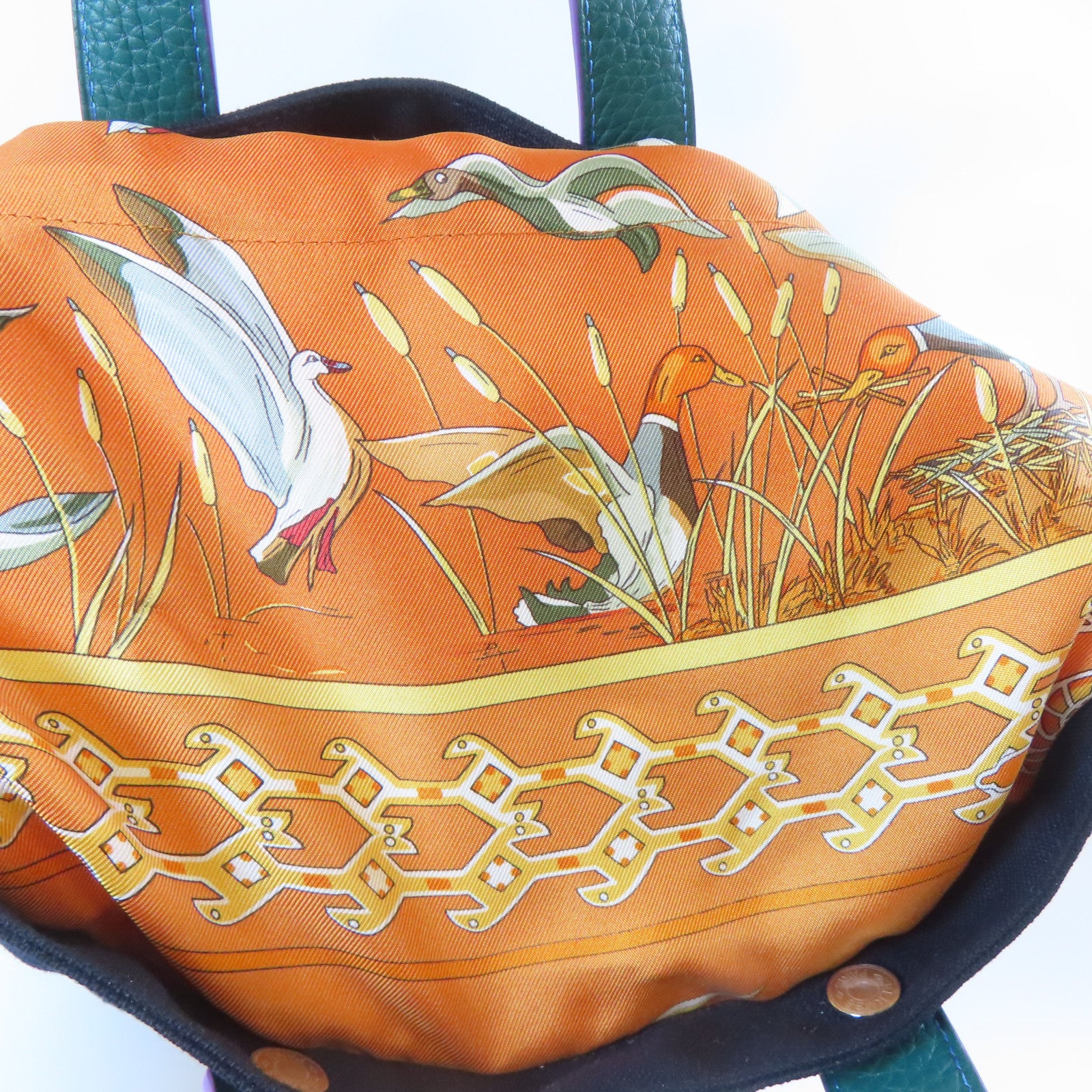 HERMES 帆布/絲質/皮革Tote Bag銀扣手挽袋深藍色/綠色