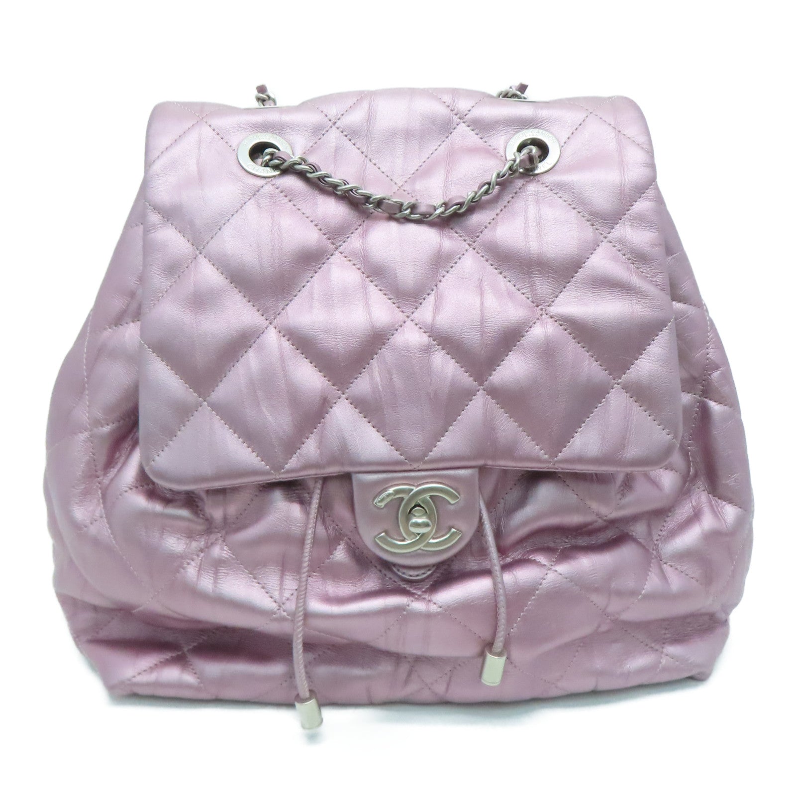 CHANEL rhombic cowhide leather Rucksack silver buckle backpack pink