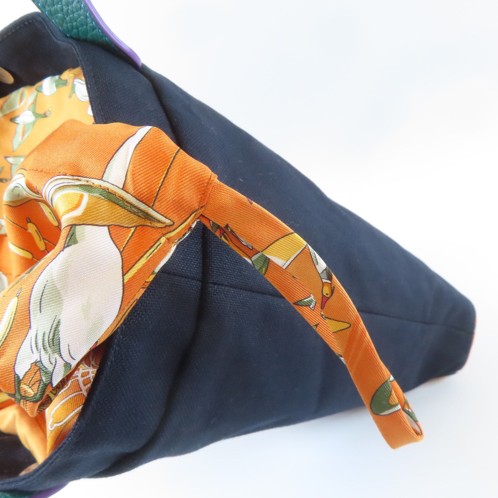 HERMES 帆布/絲質/皮革Tote Bag銀扣手挽袋深藍色/綠色