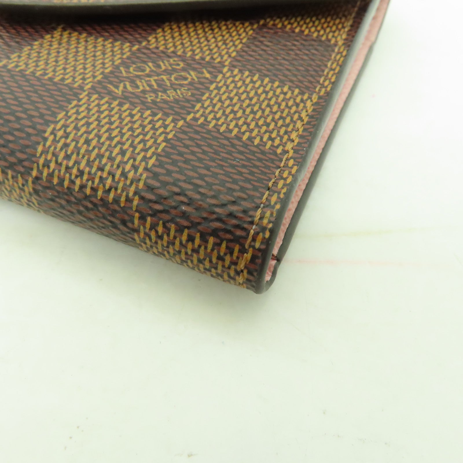 LOUIS VUITTON Damier Ebene Victorine金扣錢包棕色/粉紅色