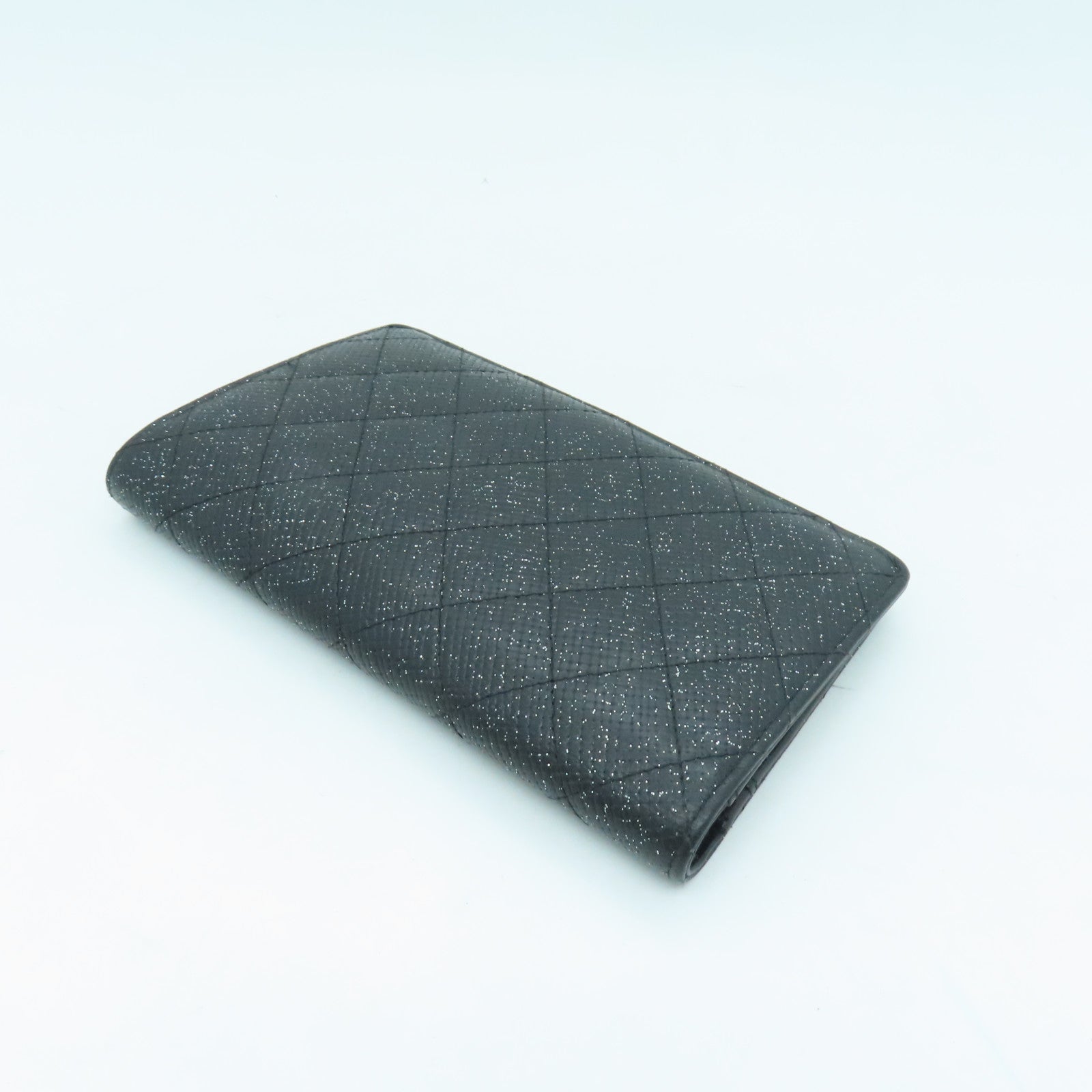 CHANEL 菱格皮革Long Wallet銀扣長錢包黑色