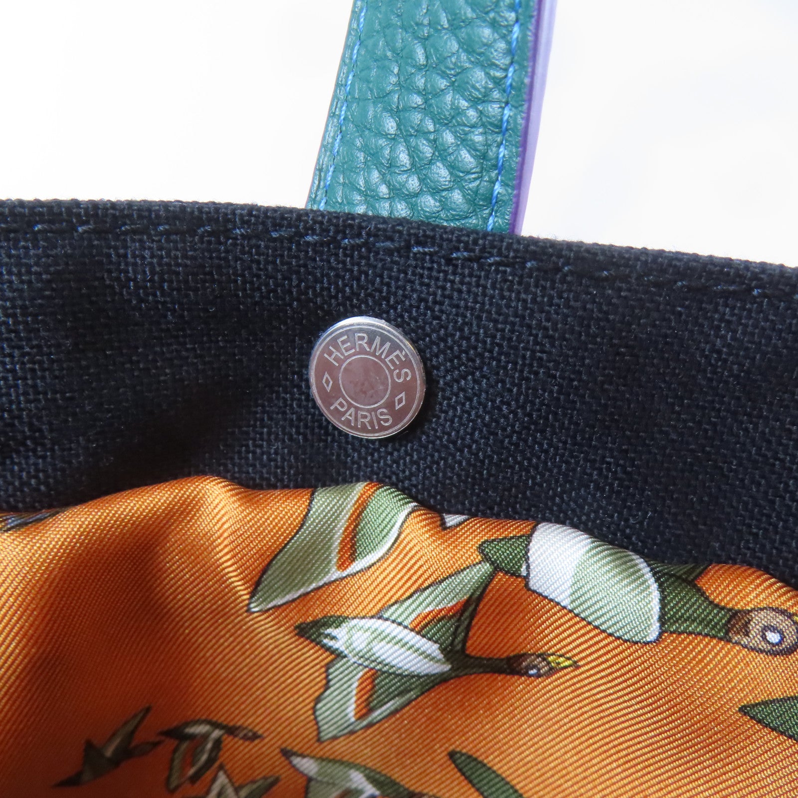 HERMES 帆布/絲質/皮革Tote Bag銀扣手挽袋深藍色/綠色