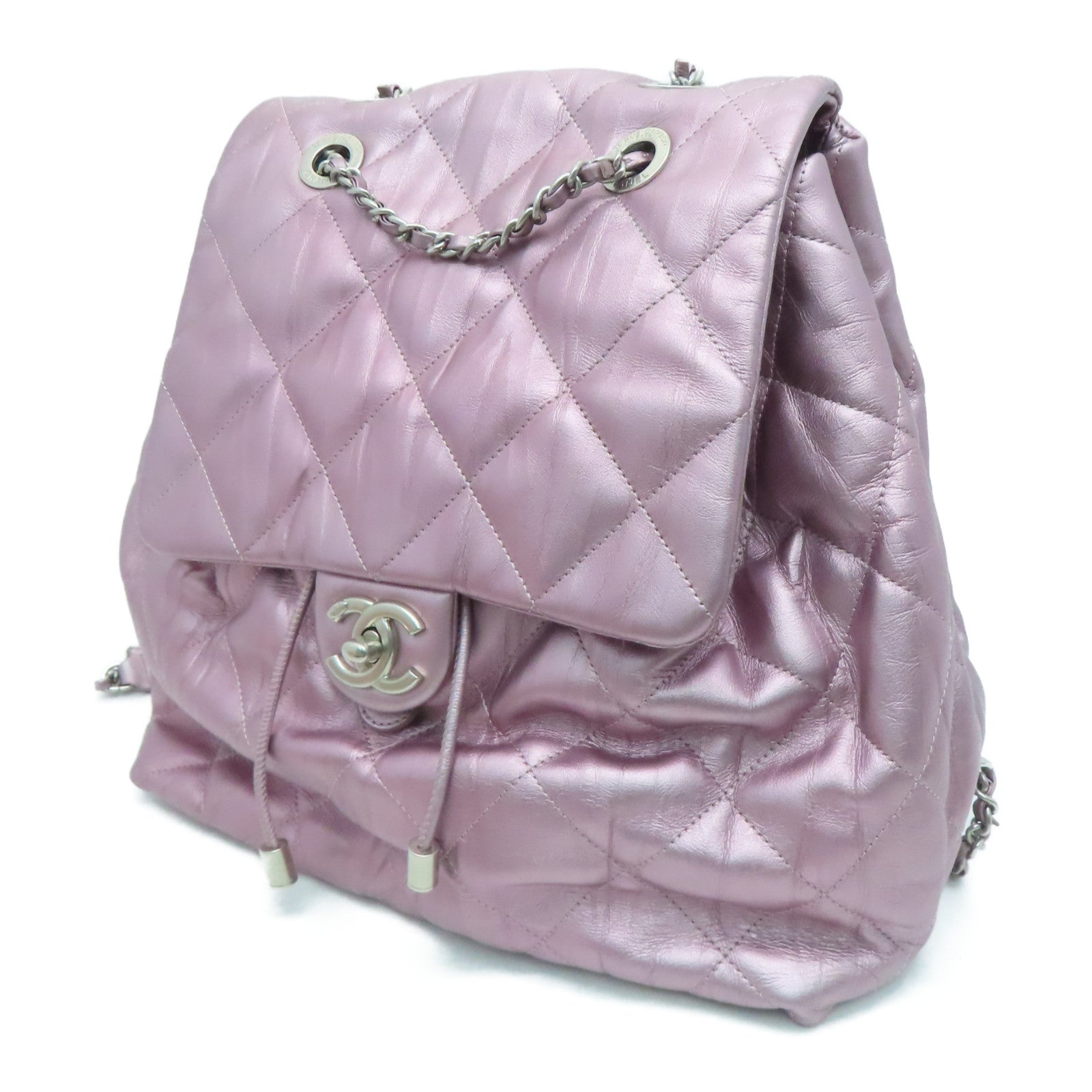 CHANEL rhombic cowhide leather Rucksack silver buckle backpack pink