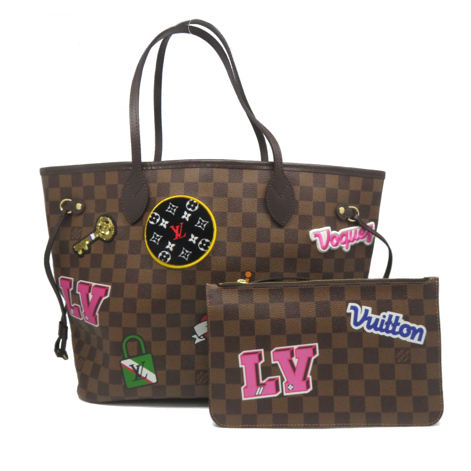 LOUIS VUITTON Damier Neverfull MM Pacthes Trunk金扣肩背袋啡色