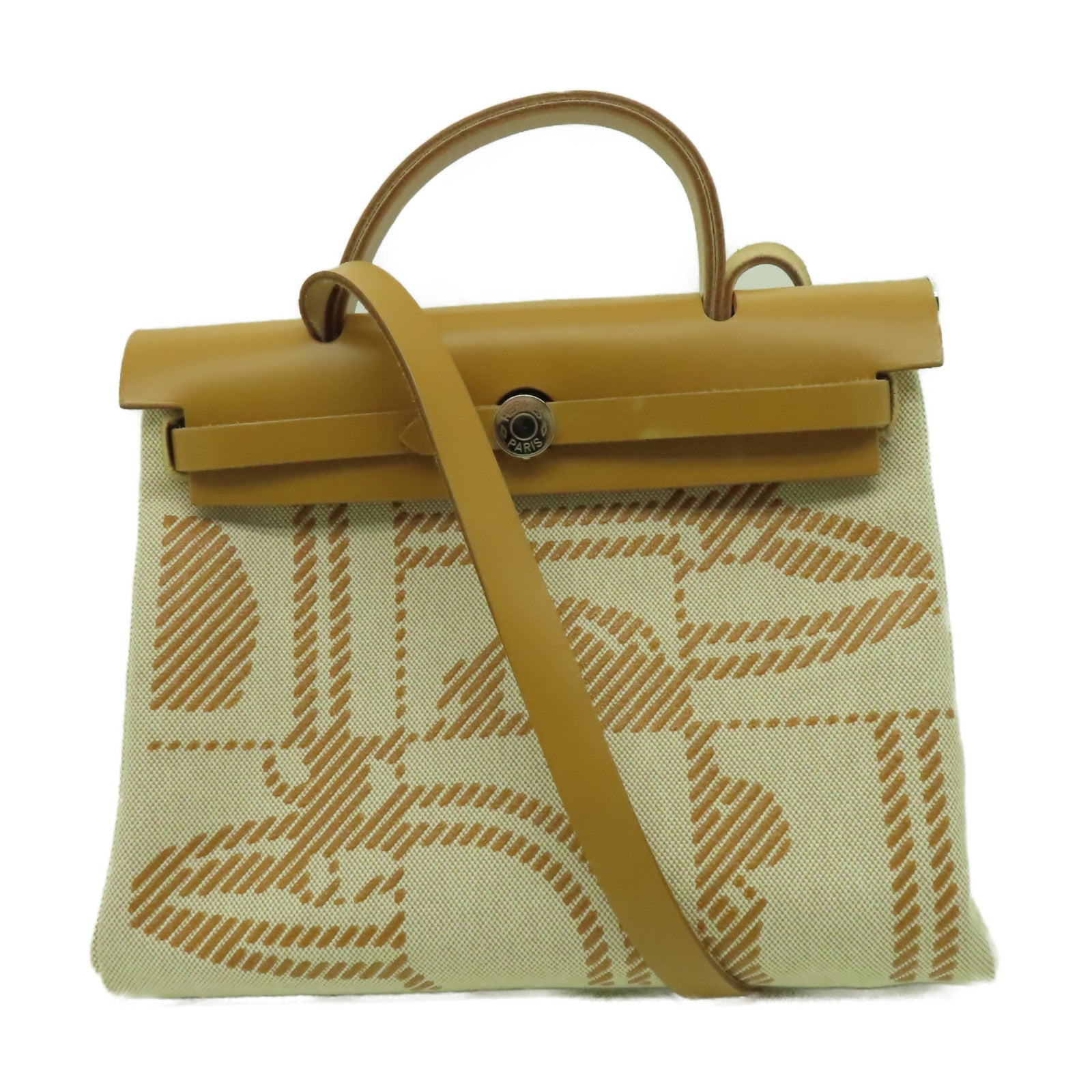 HERMES 帆布Herbag PM銀扣手挽肩背兩用袋米色/啡色