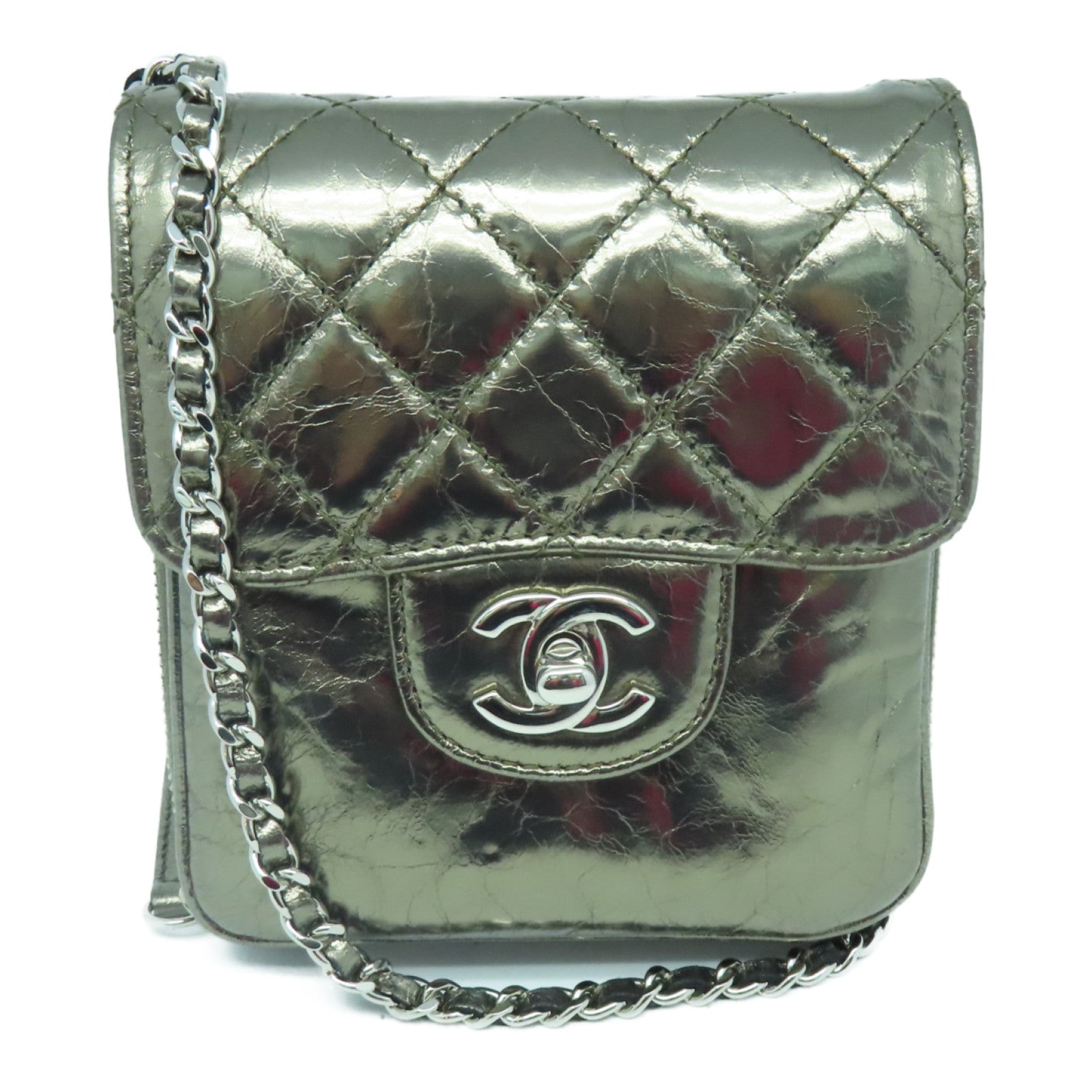 CHANEL 菱格Aged Calf皮革Chain Shoulder Bag銀扣鏈帶肩背袋青銅色