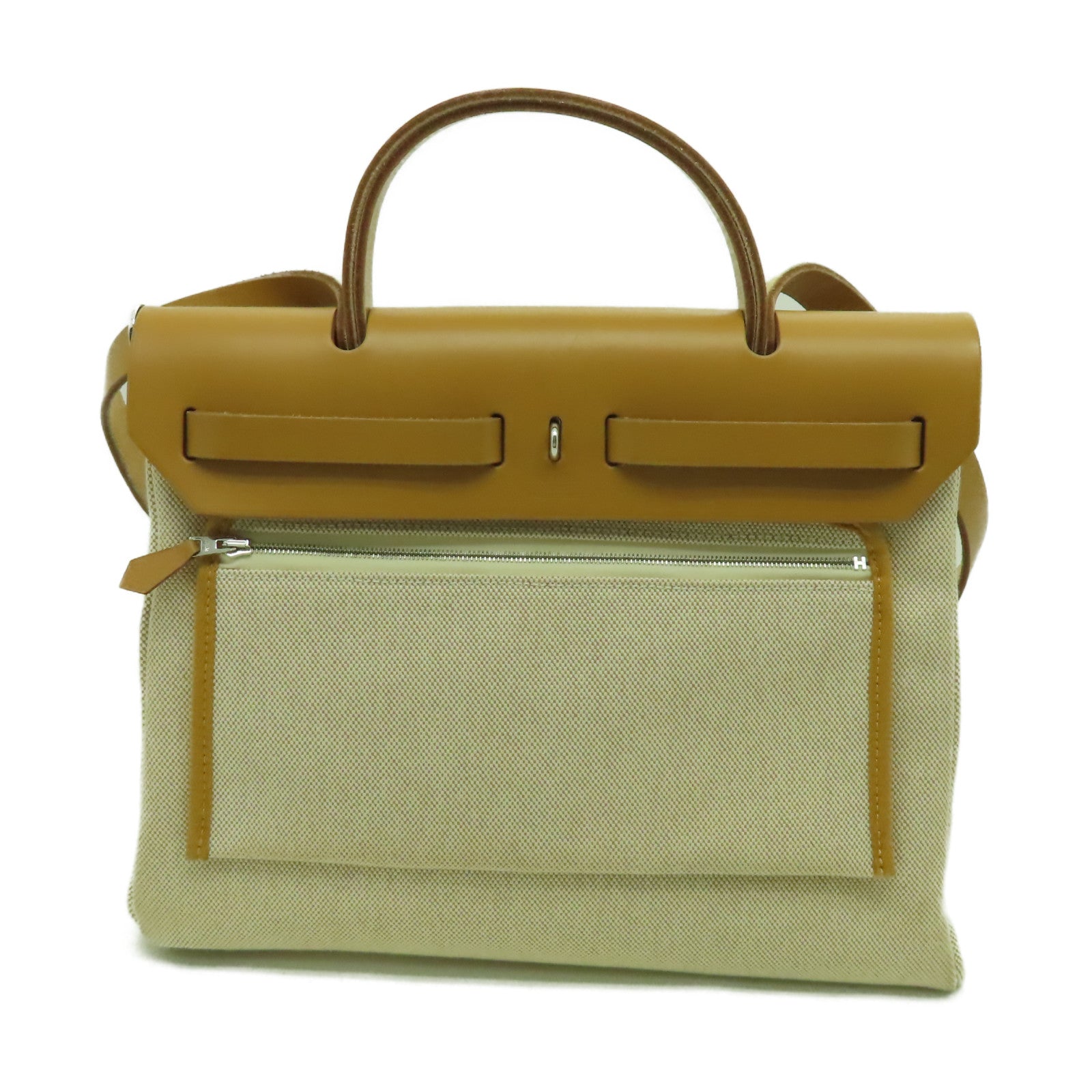 HERMES 帆布Herbag PM銀扣手挽肩背兩用袋米色/啡色