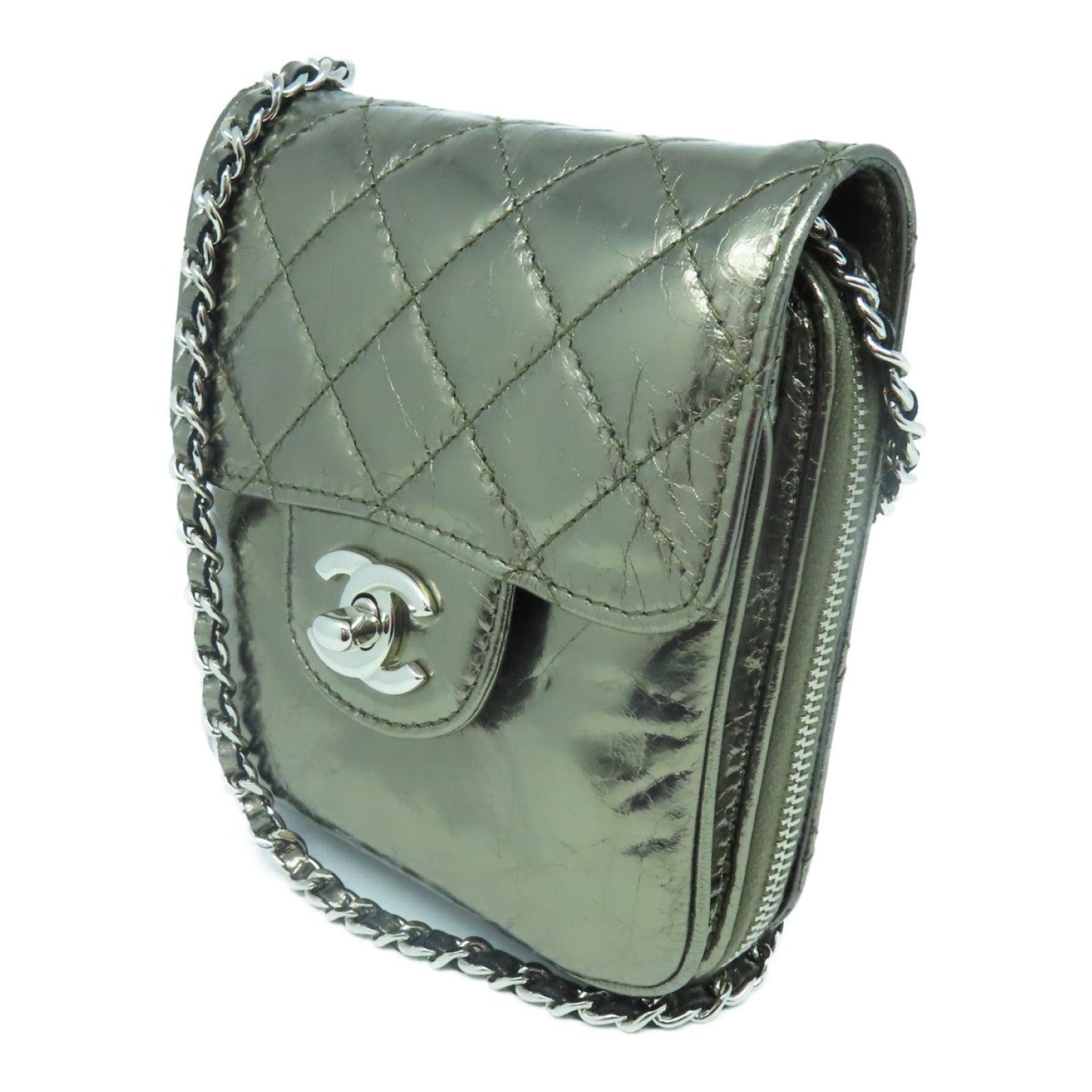 CHANEL 菱格Aged Calf皮革Chain Shoulder Bag銀扣鏈帶肩背袋青銅色