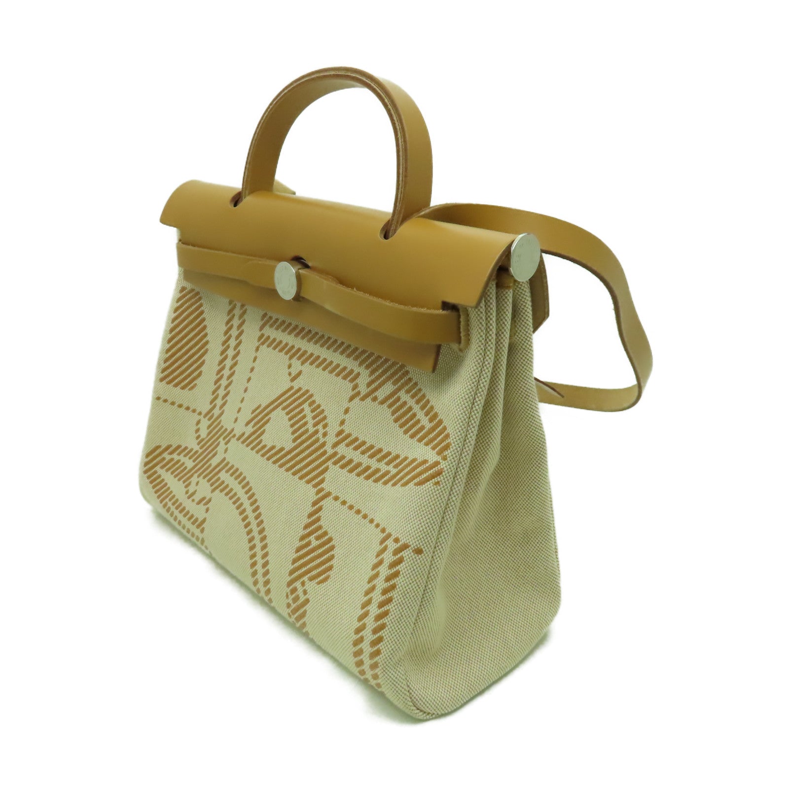 HERMES 帆布Herbag PM銀扣手挽肩背兩用袋米色/啡色
