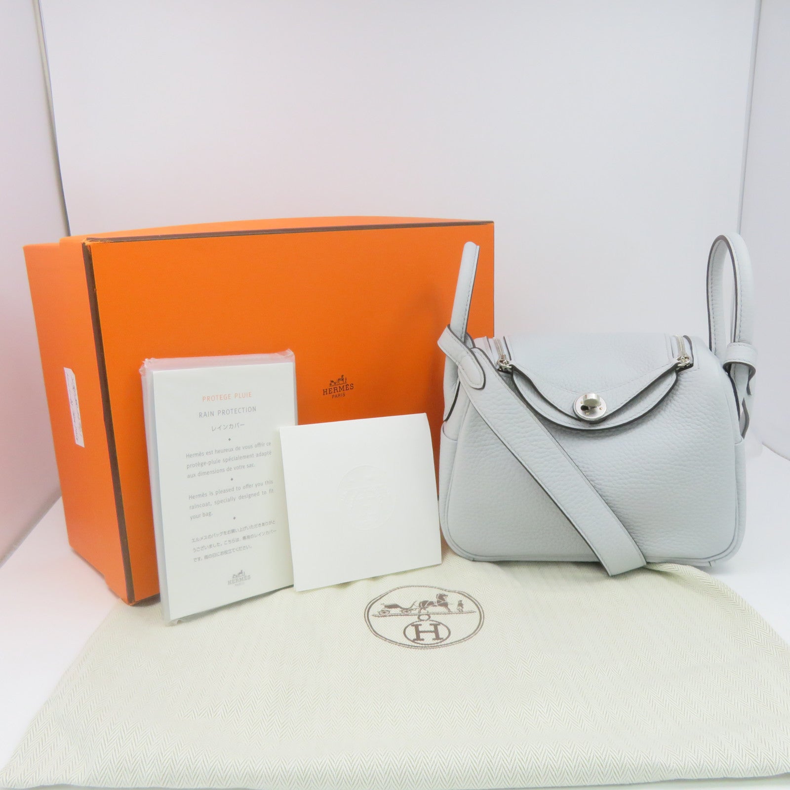 HERMES Clemence皮革Mini Lindy银扣肩背袋浅蓝