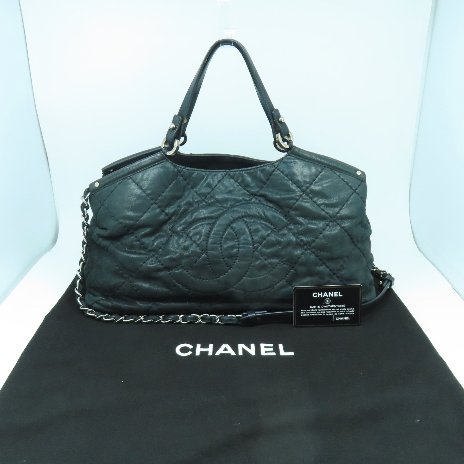CHANEL 菱格牛皮皮革Shoulder Bag銀扣手挽肩背兩用袋黑色