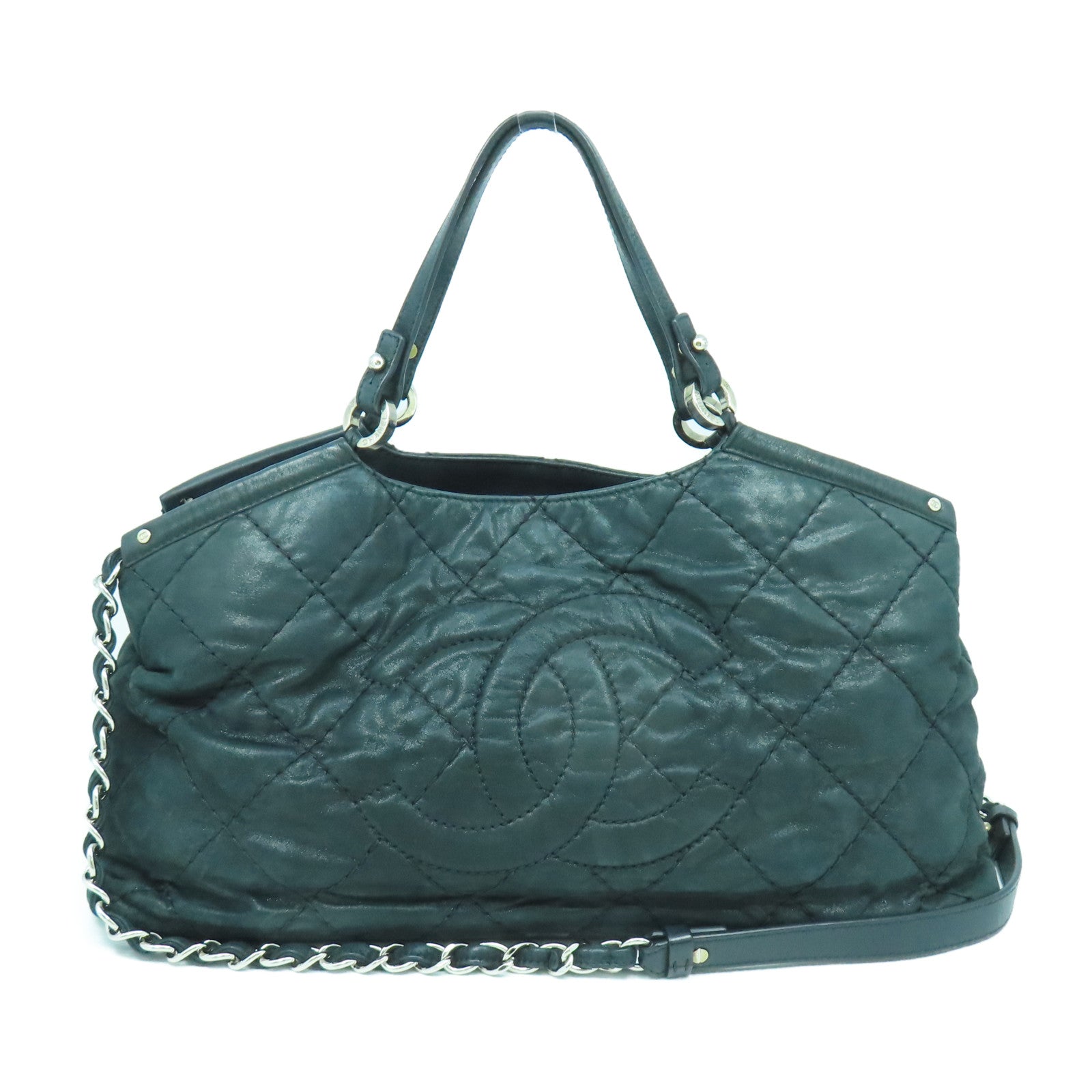 CHANEL 菱格牛皮皮革Shoulder Bag銀扣手挽肩背兩用袋黑色