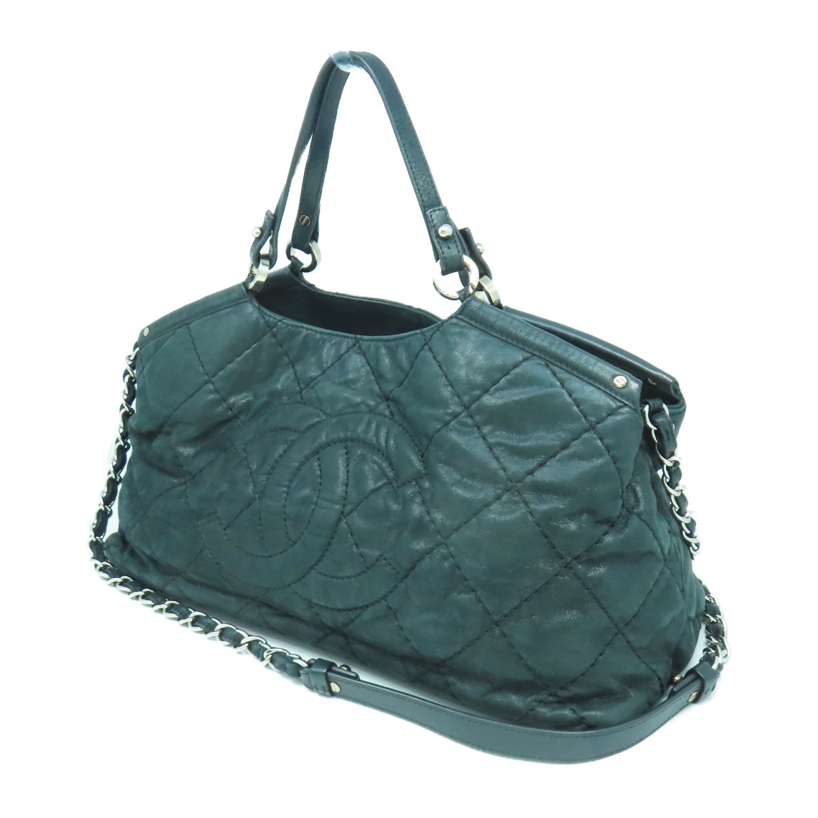 CHANEL 菱格牛皮皮革Shoulder Bag銀扣手挽肩背兩用袋黑色