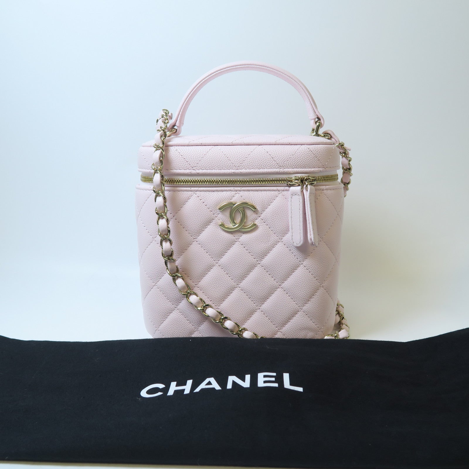 CHANEL 菱格Caviar皮革Shoulder Bag金扣手挽肩背兩用袋粉紅色