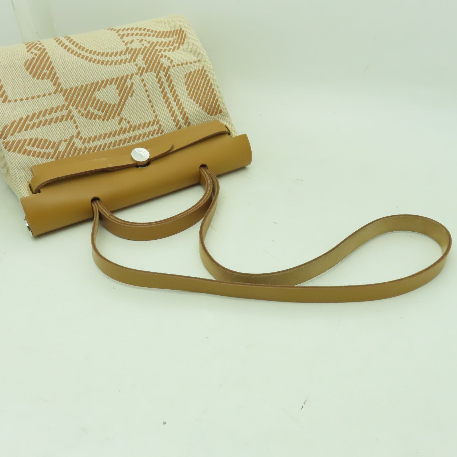 HERMES 帆布Herbag PM銀扣手挽肩背兩用袋米色/啡色