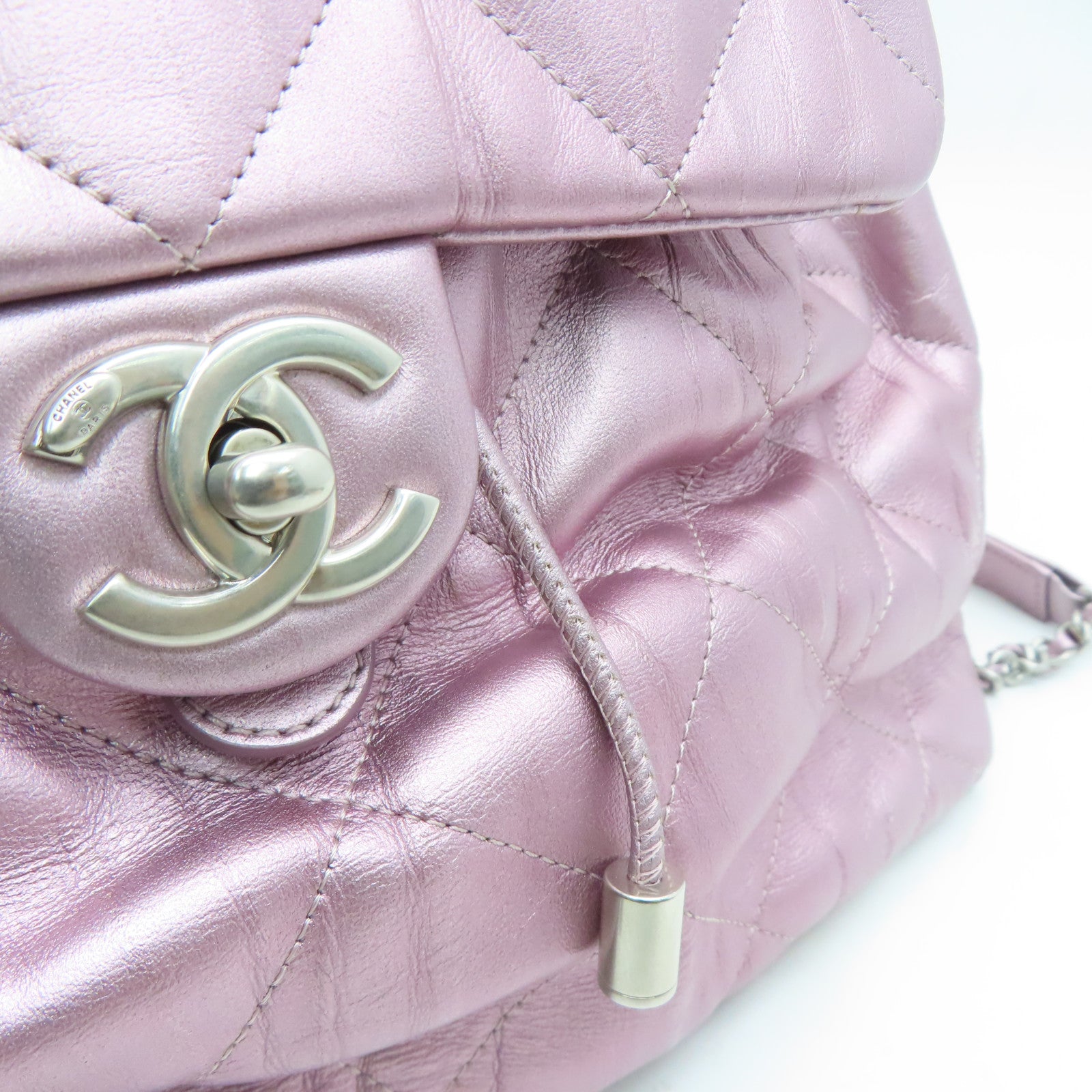 CHANEL rhombic cowhide leather Rucksack silver buckle backpack pink