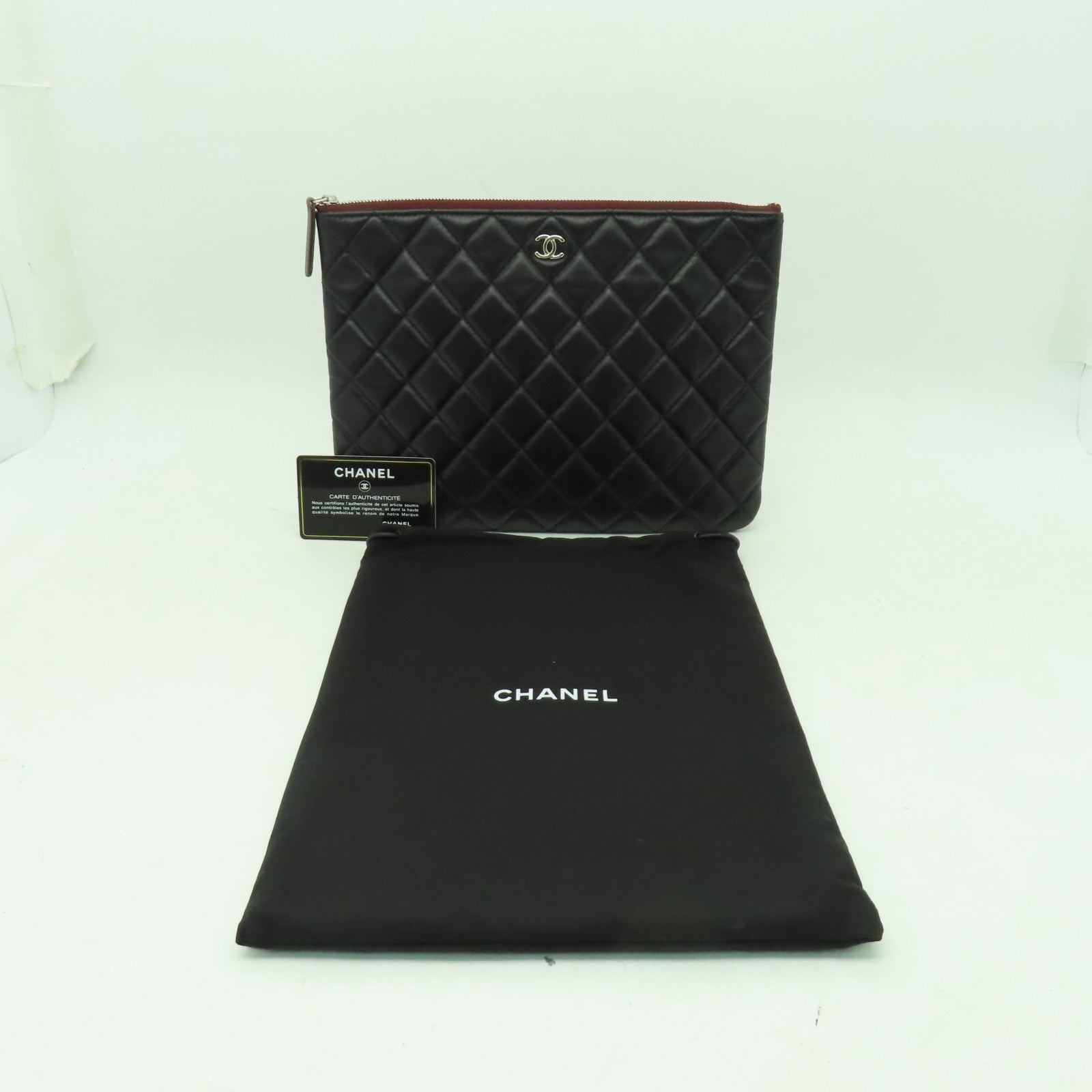 CHANEL 菱格羊皮皮革Clutch銀扣手拿包黒色