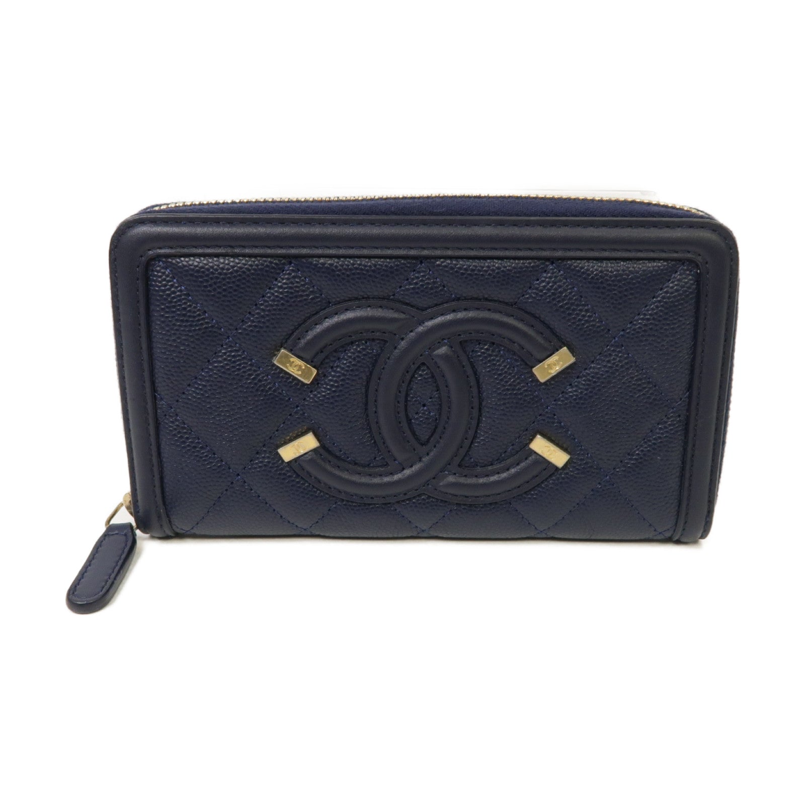 CHANEL 菱格Caviar皮革Zipped Wallet金扣錢包深藍色