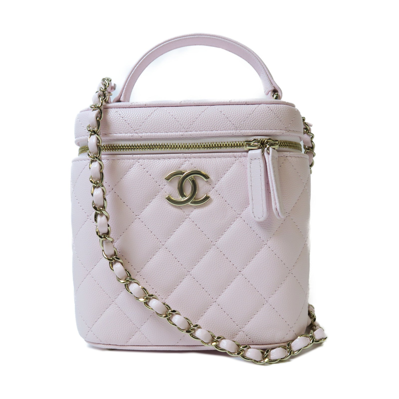CHANEL 菱格Caviar皮革Shoulder Bag金扣手挽肩背兩用袋粉紅色
