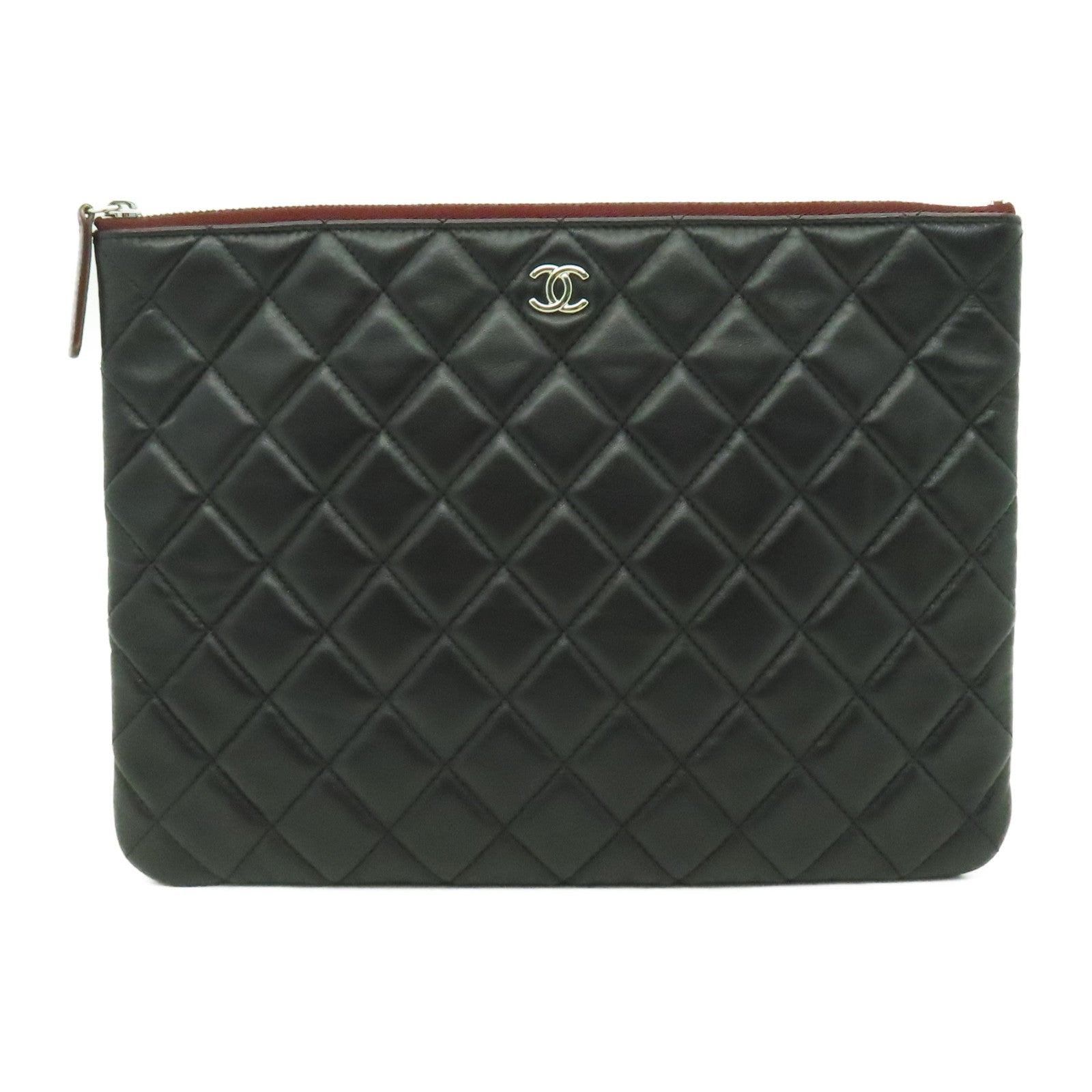 CHANEL 菱格羊皮皮革Clutch銀扣手拿包黒色