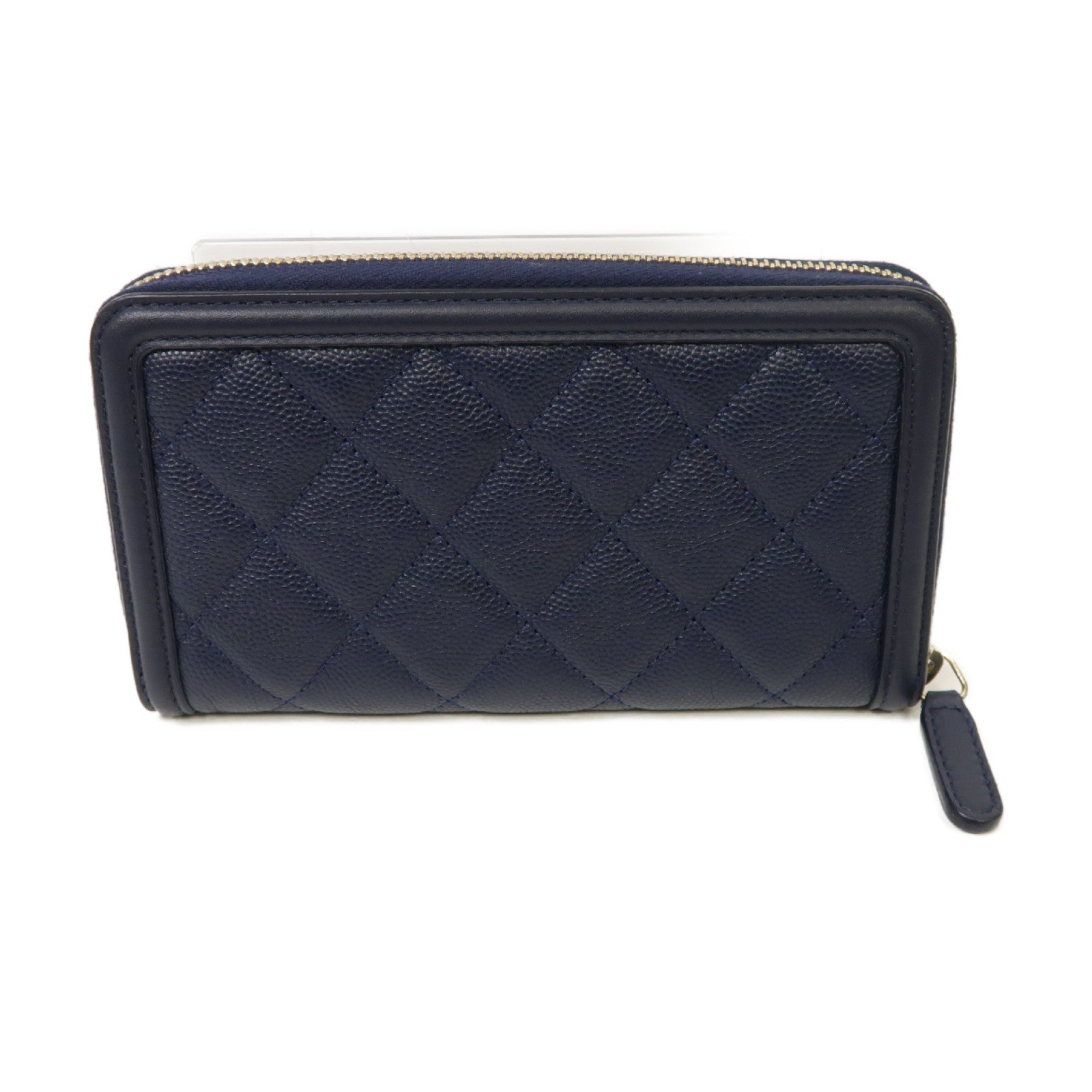 CHANEL 菱格Caviar皮革Zipped Wallet金扣錢包深藍色