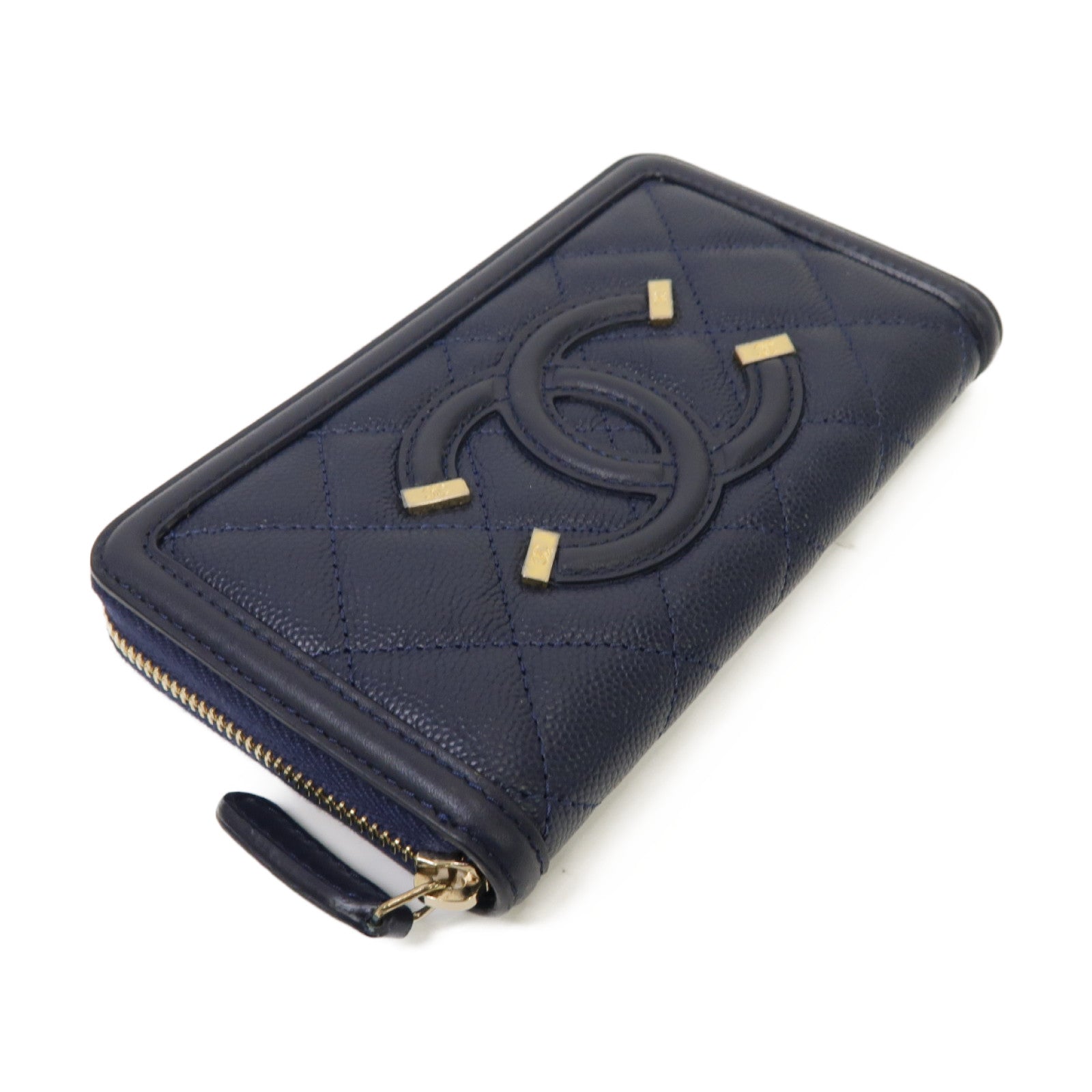 CHANEL 菱格Caviar皮革Zipped Wallet金扣錢包深藍色