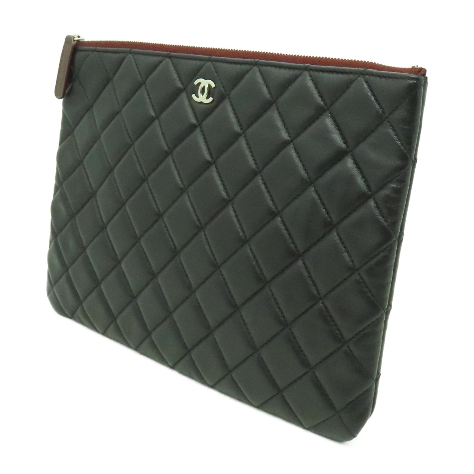 CHANEL 菱格羊皮皮革Clutch銀扣手拿包黒色
