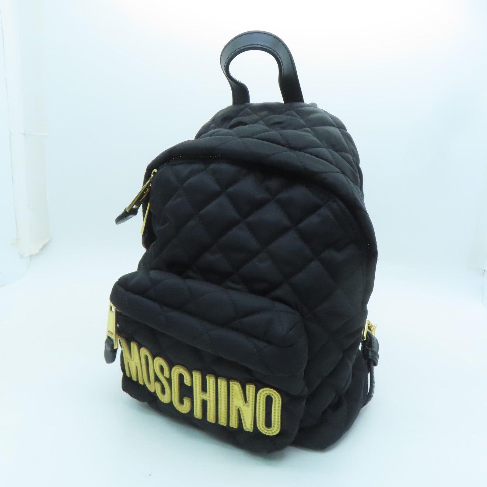 MOSCHINO Rhombus Nylon Backpack Gold Buckle Backpack Black