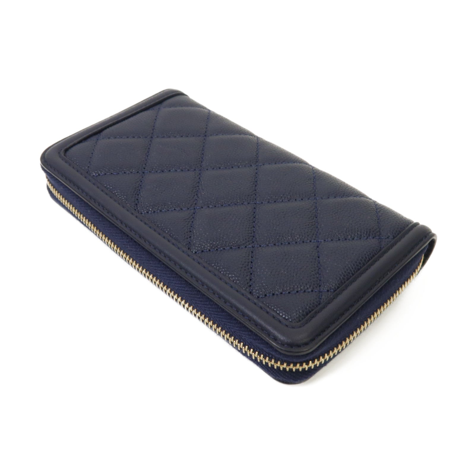 CHANEL 菱格Caviar皮革Zipped Wallet金扣錢包深藍色