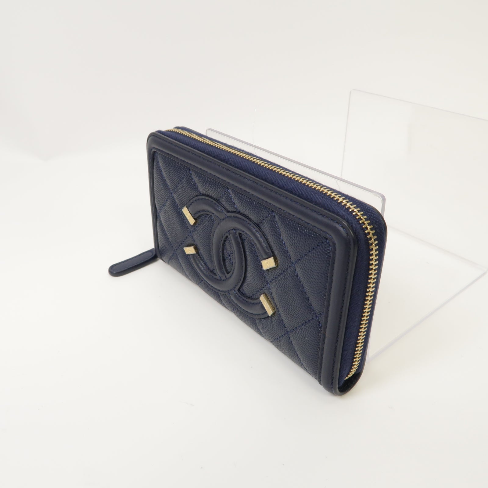 CHANEL 菱格Caviar皮革Zipped Wallet金扣錢包深藍色