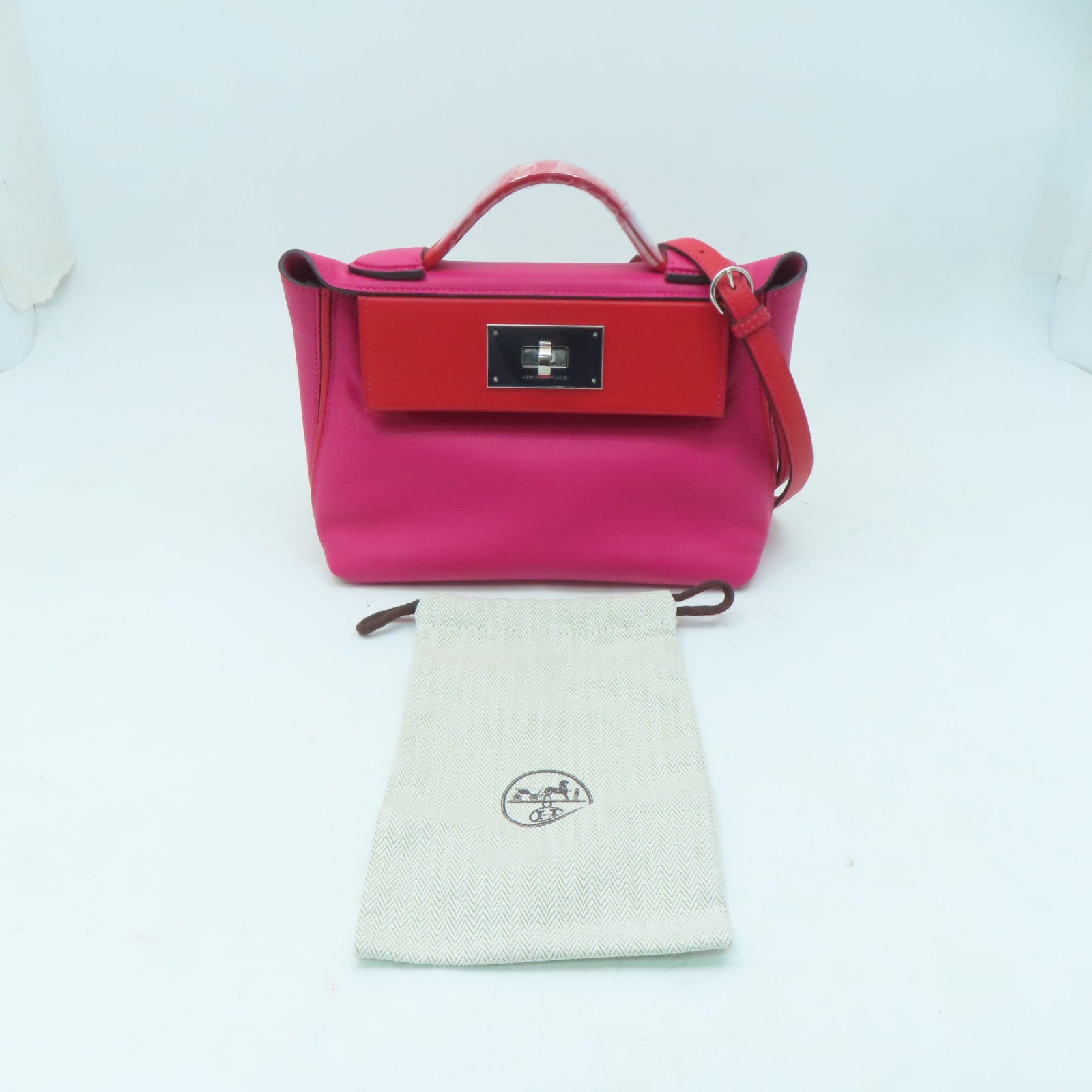 HERMES Evercolor皮革Mini 24/24銀扣手挽肩背兩用袋紅色/粉紅色