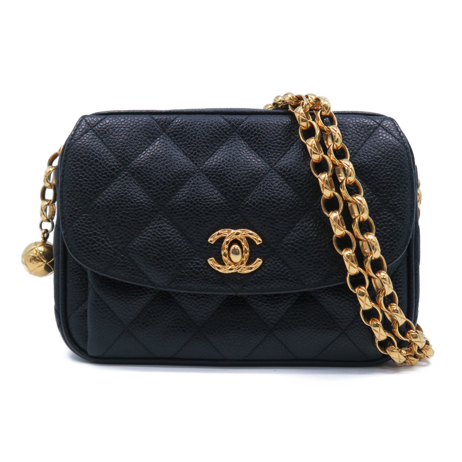 CHANEL 菱格牛皮皮革Chain Shoulder Bag金扣鏈帶肩背袋黑色