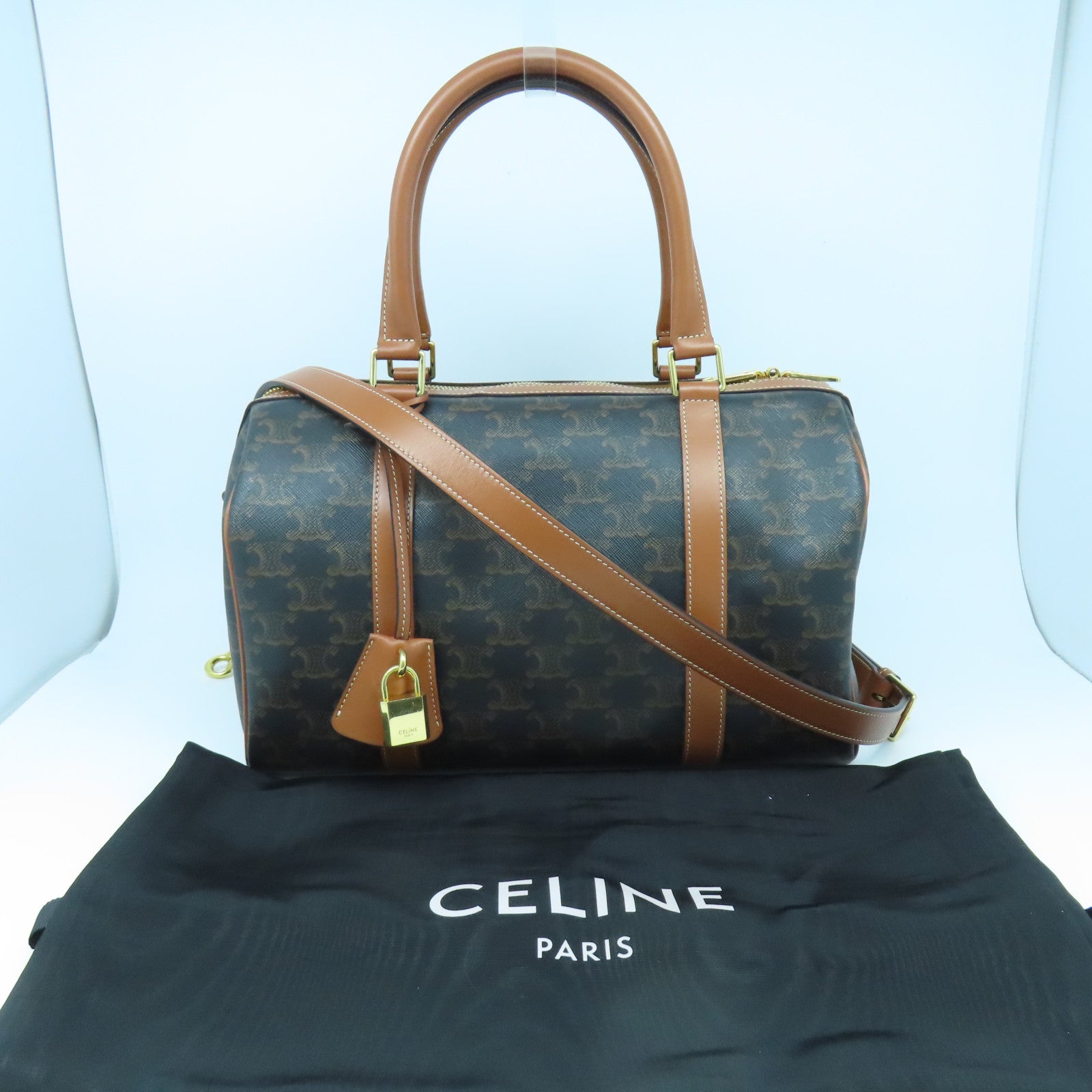 CELINE 塗層帆布Boston Bag Medium金扣手挽肩背兩用袋啡色