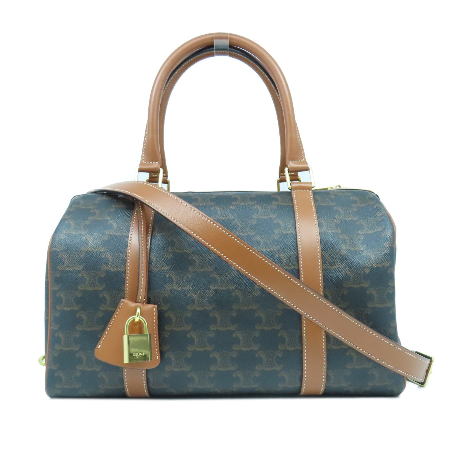 CELINE 塗層帆布Boston Bag Medium金扣手挽肩背兩用袋啡色