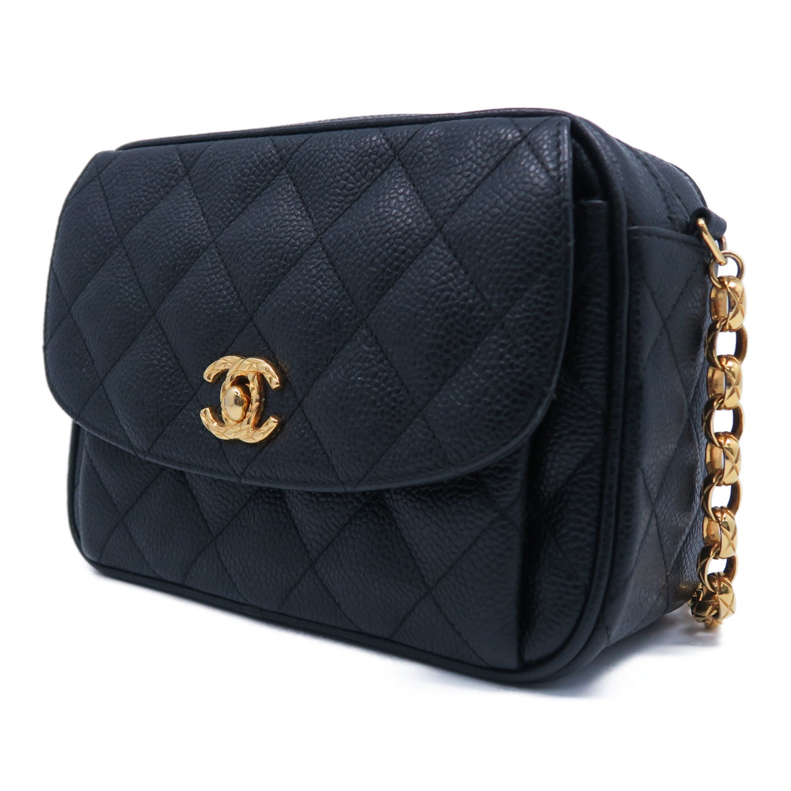 CHANEL 菱格牛皮皮革Chain Shoulder Bag金扣鏈帶肩背袋黑色