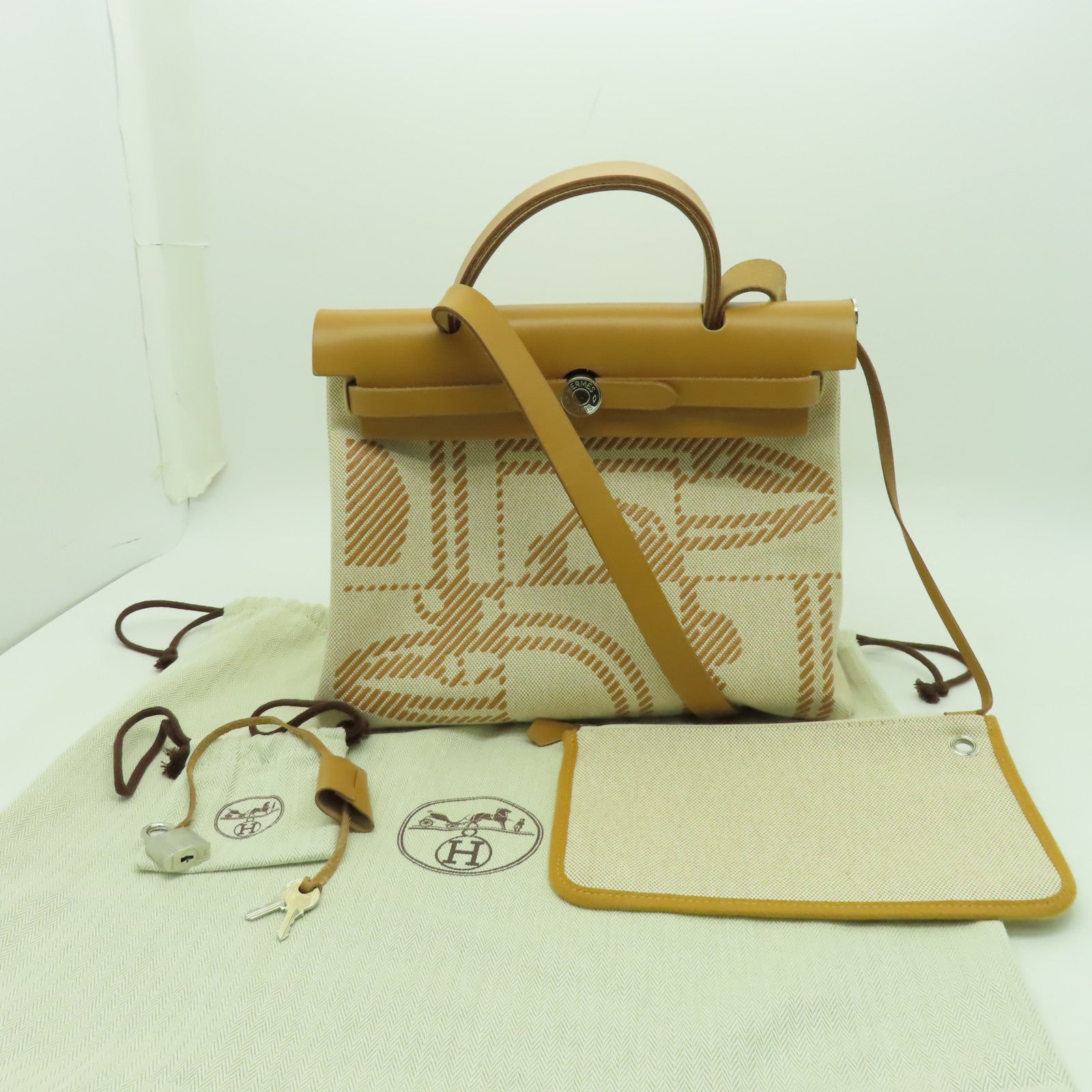 HERMES 帆布Herbag PM銀扣手挽肩背兩用袋米色/啡色