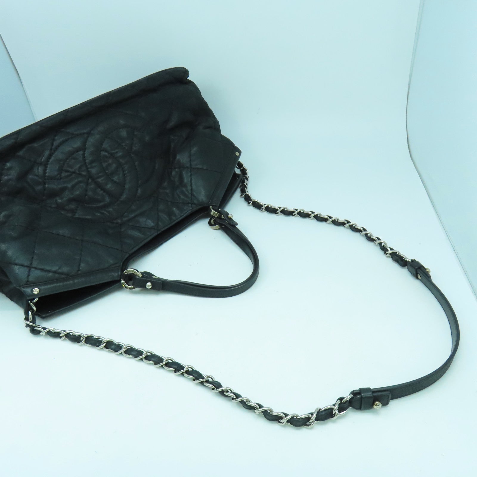 CHANEL 菱格牛皮皮革Shoulder Bag銀扣手挽肩背兩用袋黑色