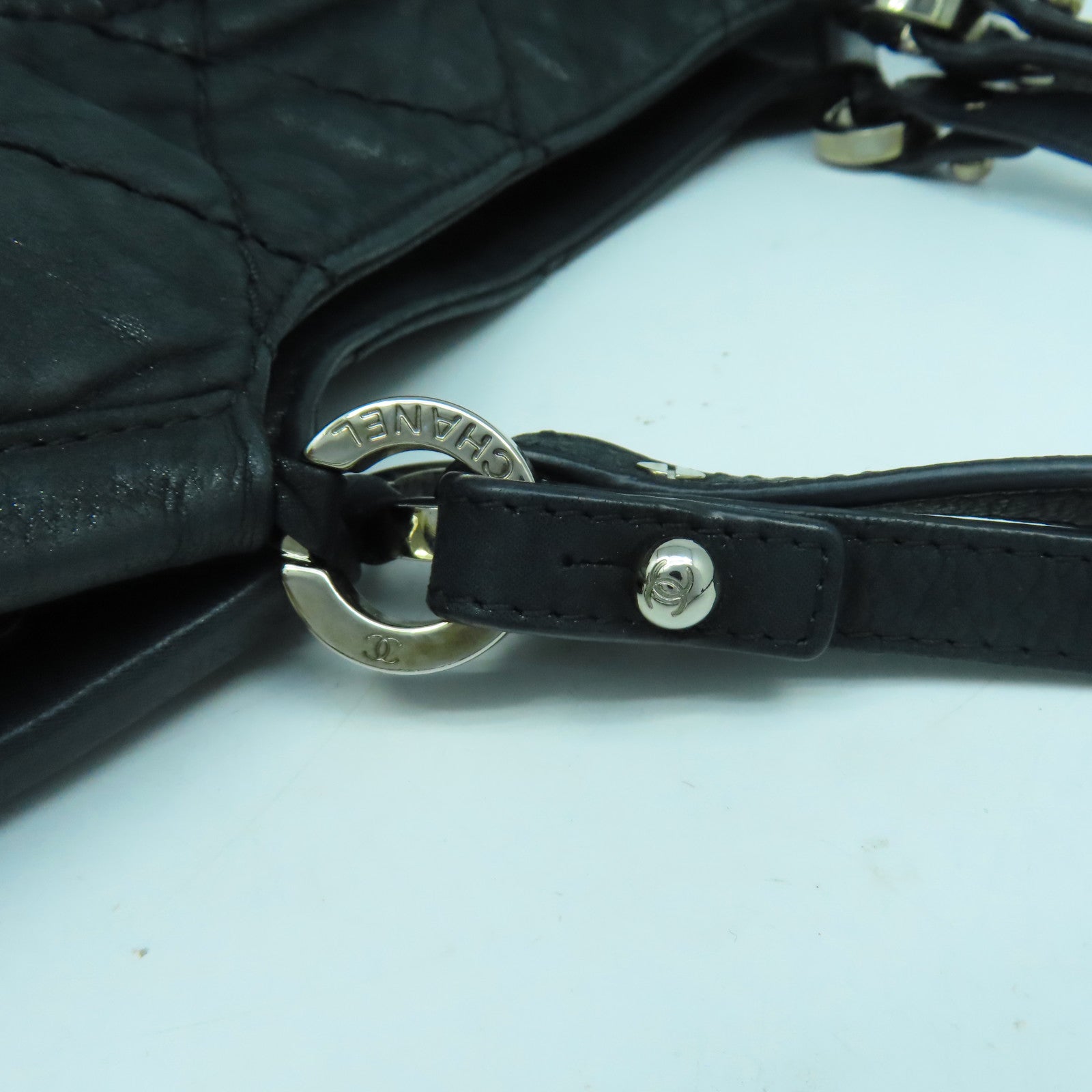 CHANEL 菱格牛皮皮革Shoulder Bag銀扣手挽肩背兩用袋黑色