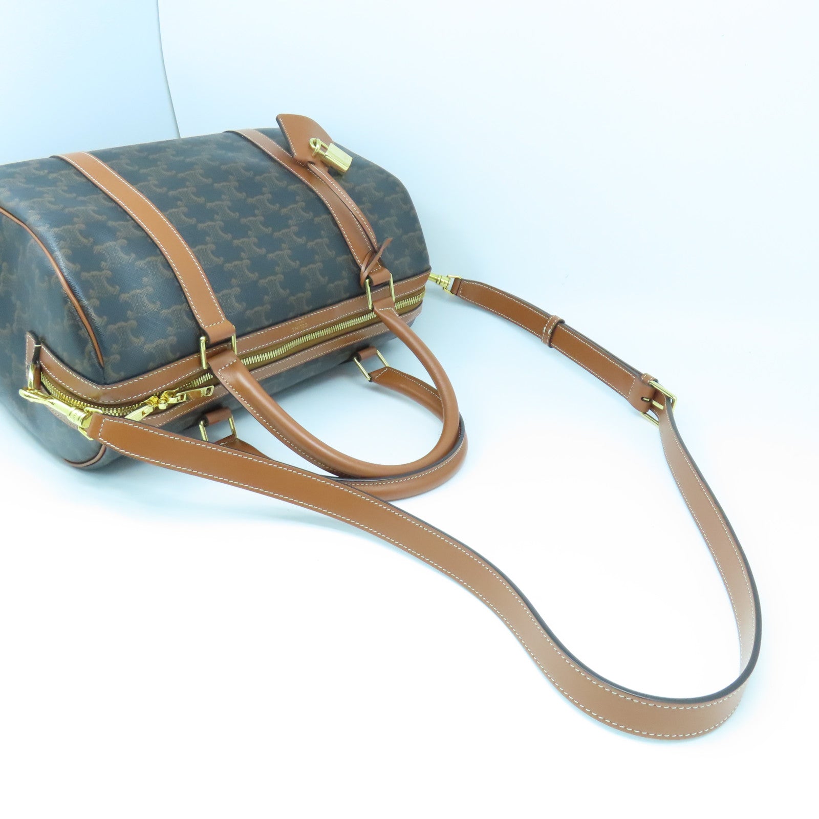 CELINE 塗層帆布Boston Bag Medium金扣手挽肩背兩用袋啡色