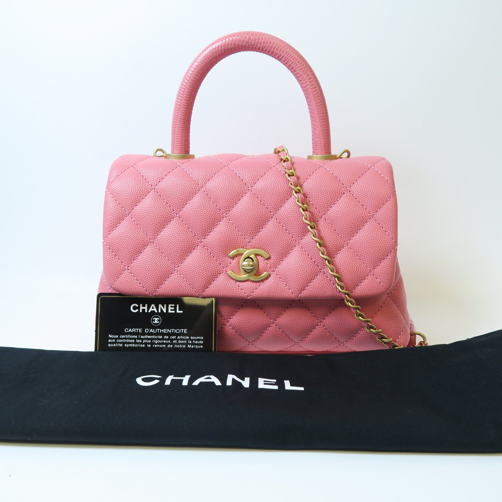 CHANEL 菱格Caviar皮革Coco Handle金扣手挽肩背兩用袋粉紅色
