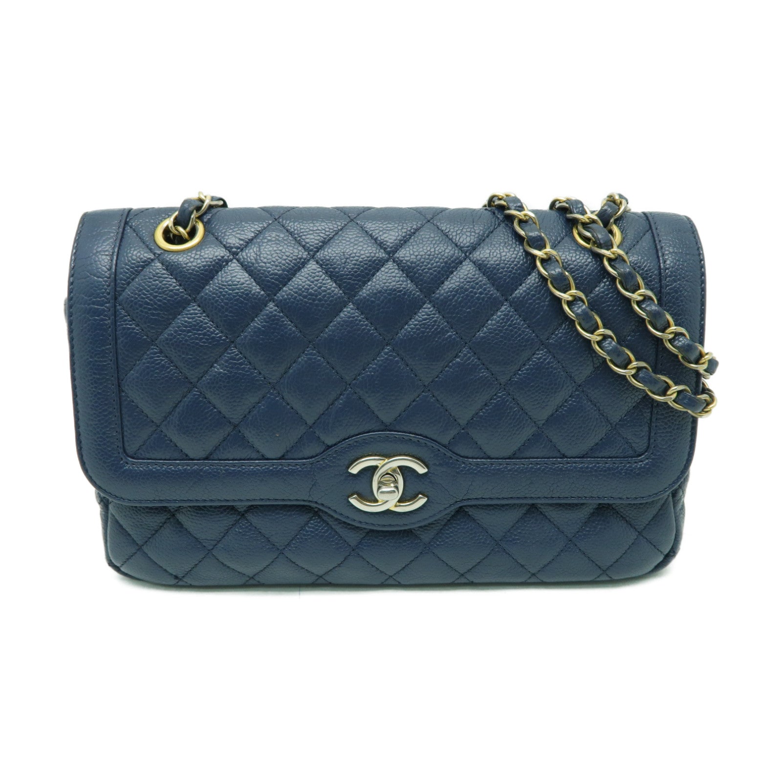 CHANEL 菱格Caviar皮革Chain Shoulder金扣鏈帶肩背袋深藍色