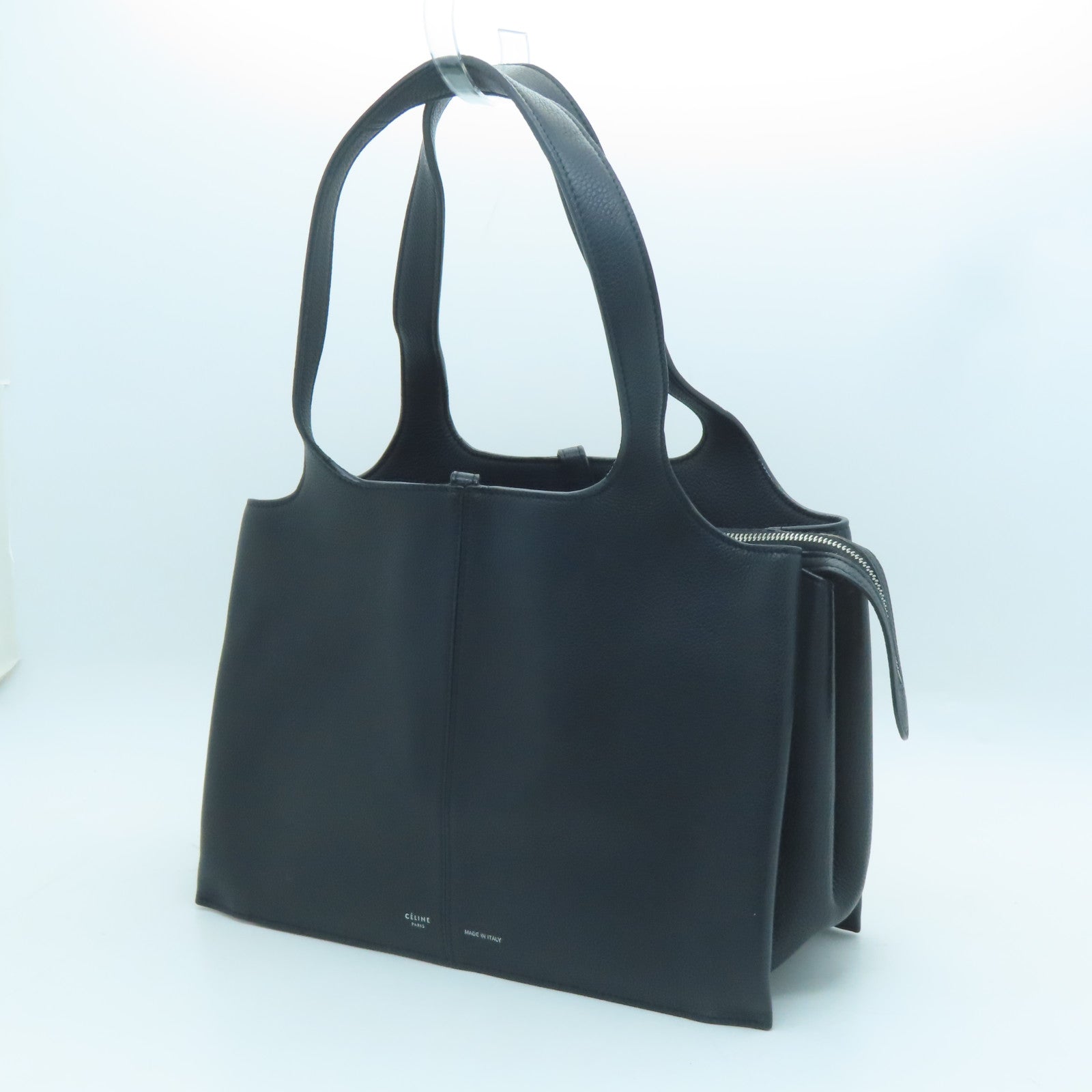 CELINE Cowhide Leather Tri-Fold Silver Buckle Handle Bag Black