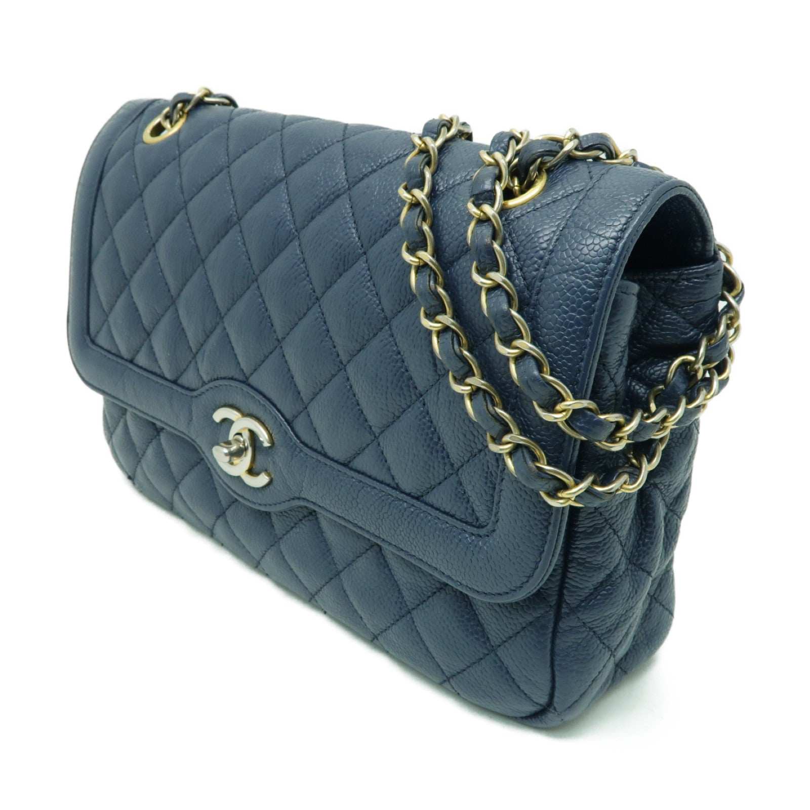 CHANEL 菱格Caviar皮革Chain Shoulder金扣鏈帶肩背袋深藍色