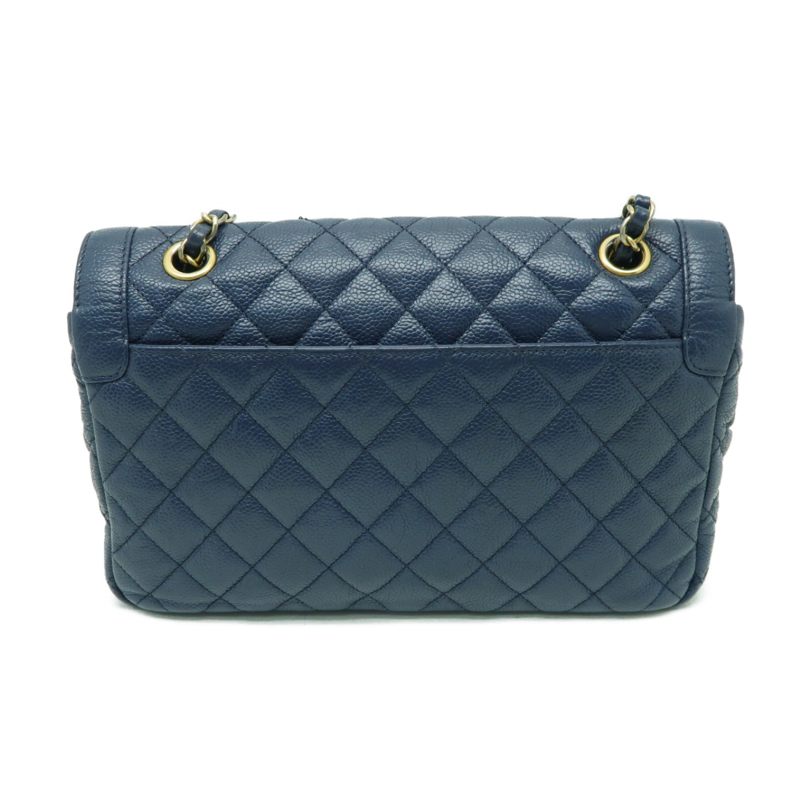 CHANEL 菱格Caviar皮革Chain Shoulder金扣鏈帶肩背袋深藍色