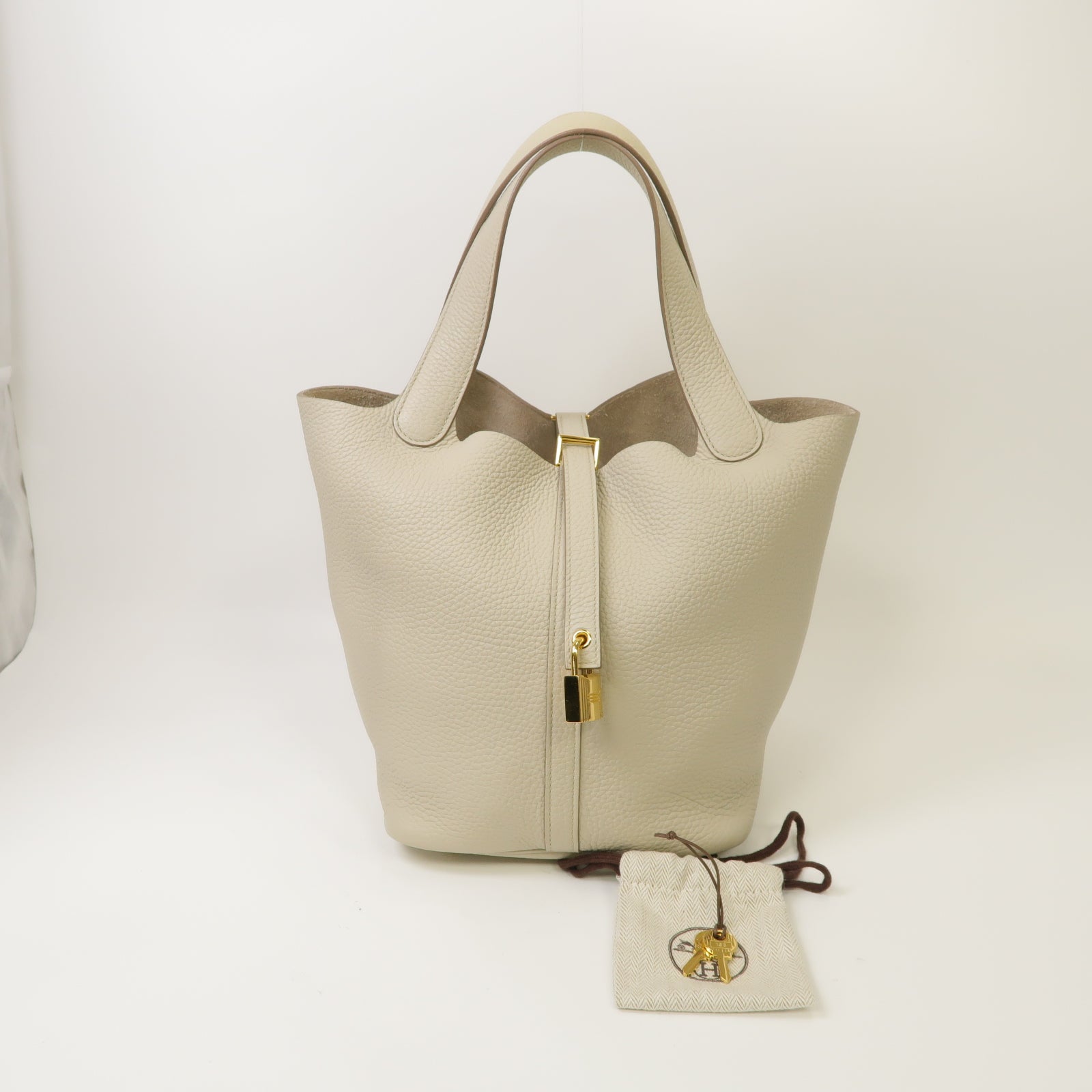 HERMES Clemence皮革Picotin MM金扣手挽袋Craie白色
