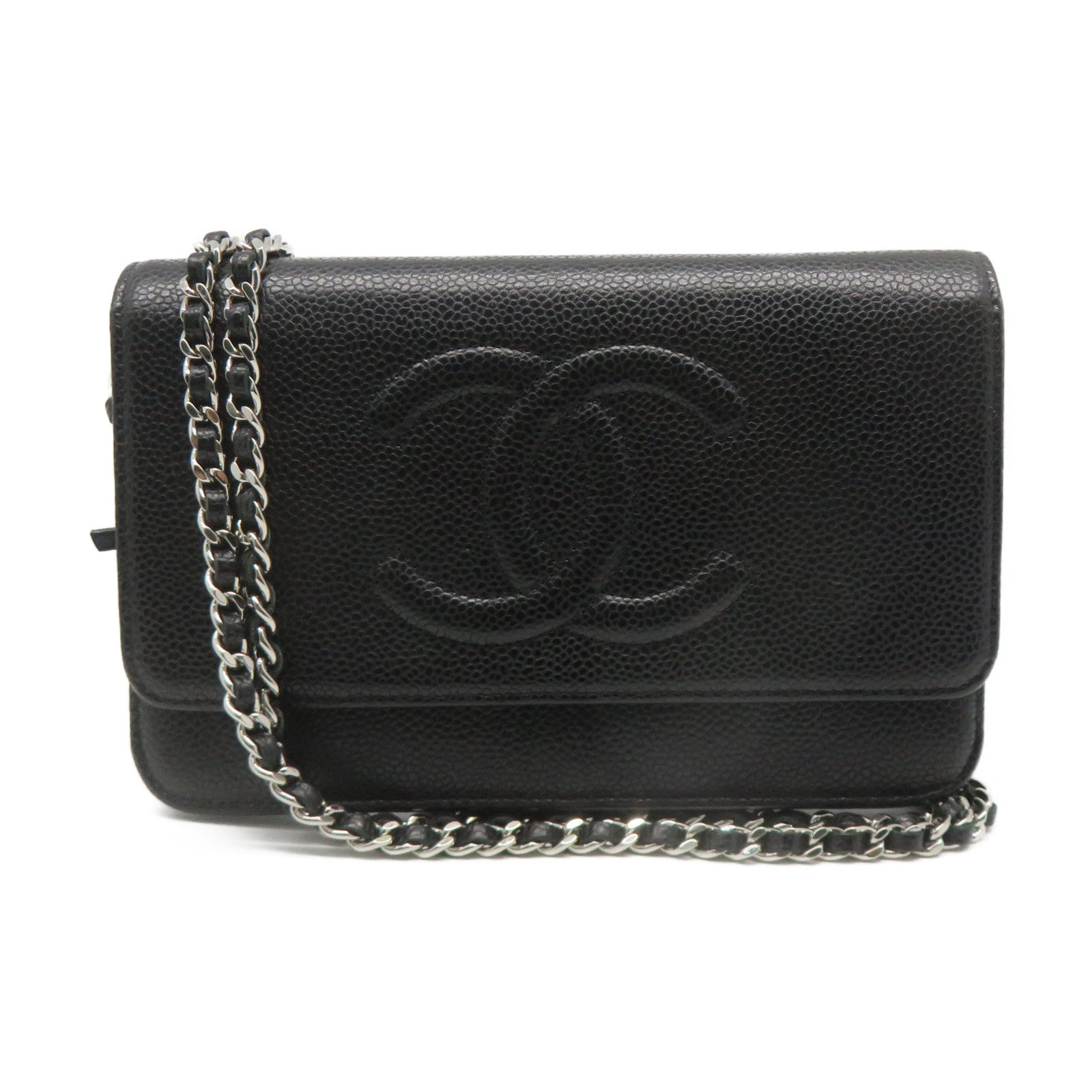 CHANEL cowhide leather Wallet on chain silver buckle chain shoulder bag black