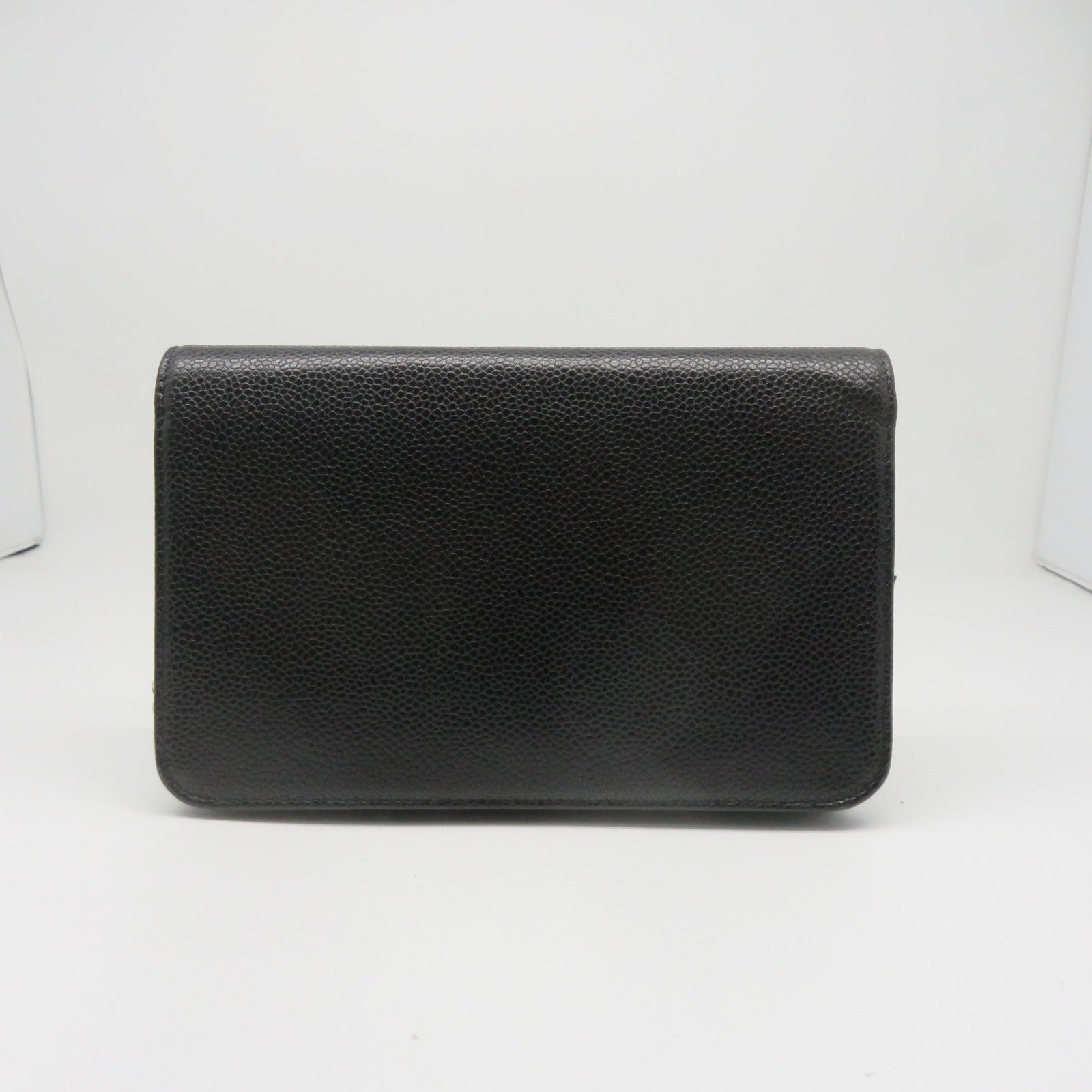 CHANEL cowhide leather Wallet on chain silver buckle chain shoulder bag black