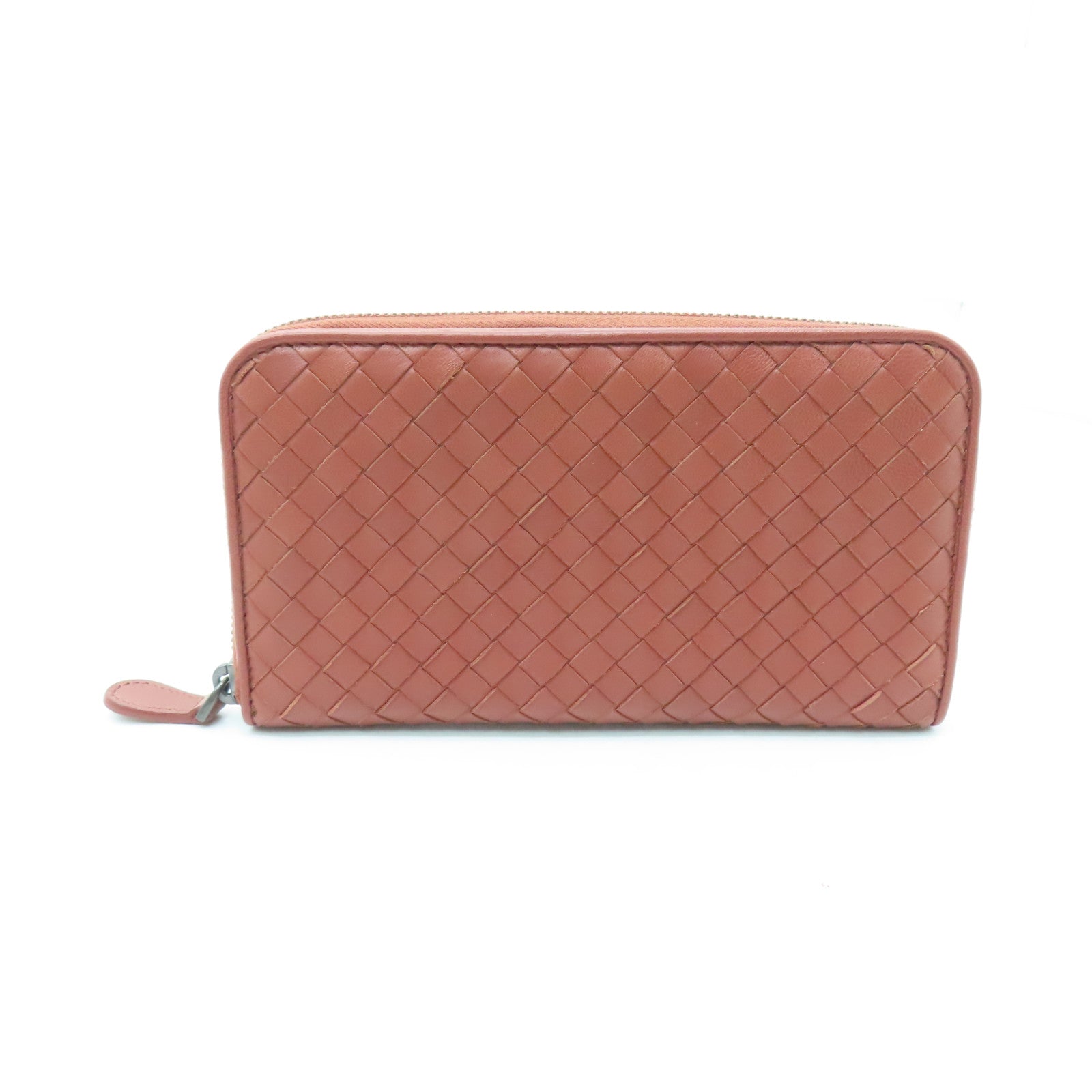 BOTTEGA VENETA Sheepskin Leather Zipper Long Wallet Silver Buckle Long Wallet Red