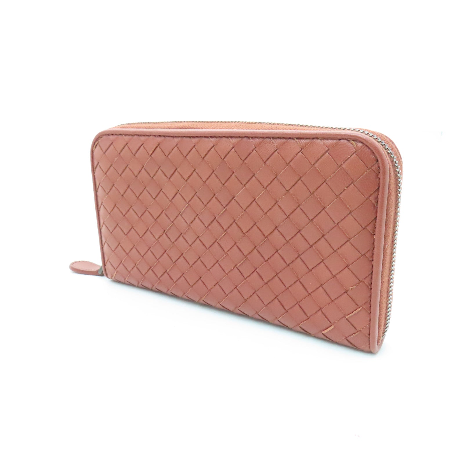 BOTTEGA VENETA Sheepskin Leather Zipper Long Wallet Silver Buckle Long Wallet Red