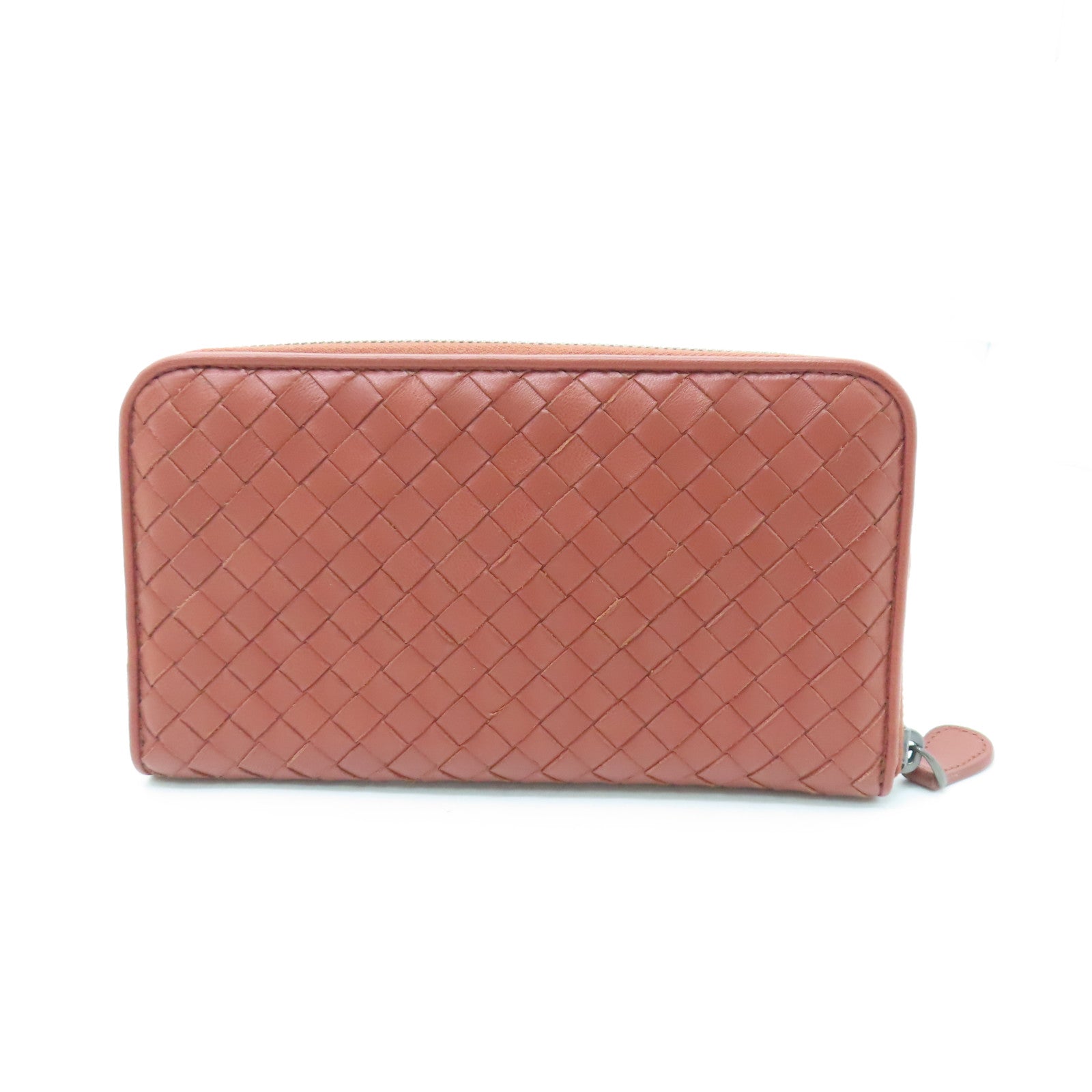 BOTTEGA VENETA Sheepskin Leather Zipper Long Wallet Silver Buckle Long Wallet Red
